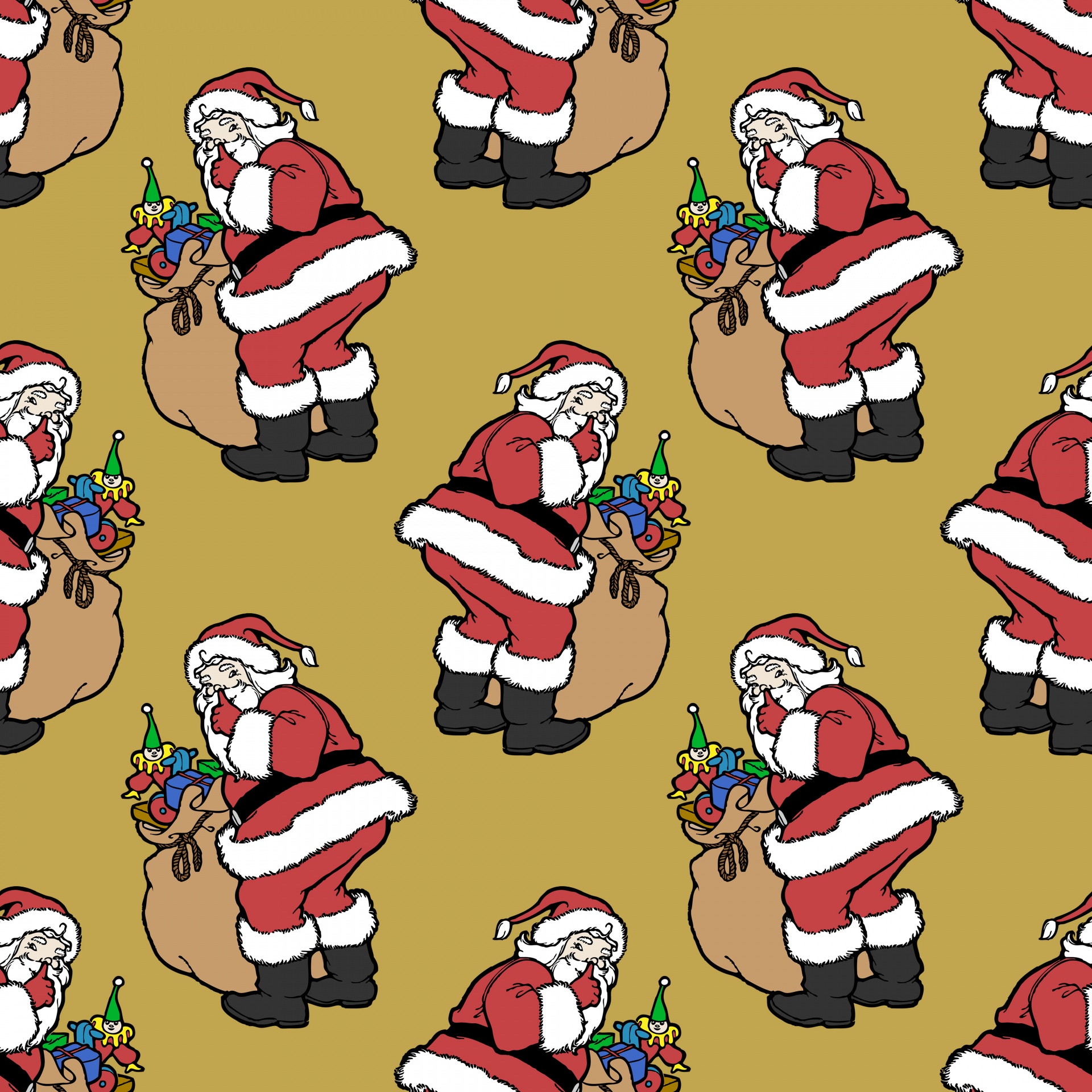 Christmas santa claus with sack of toys on gold background seamless wallpaper pattern background