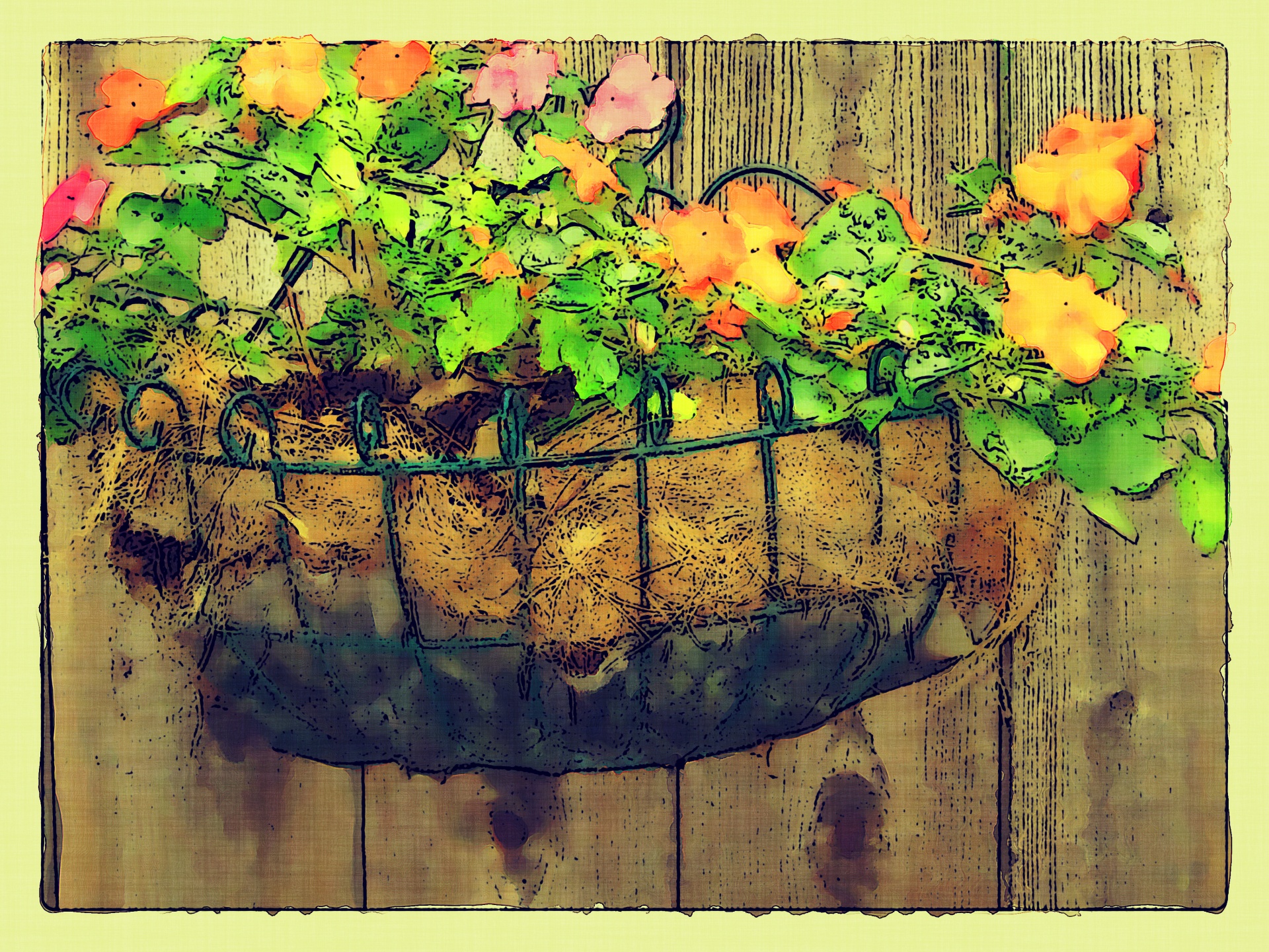 artistic rendering of a flower basket hanging on a wooden fence
