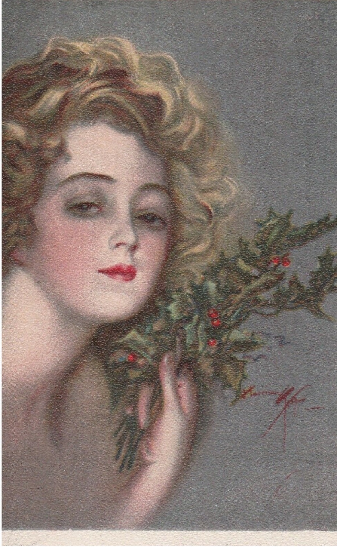 Girl With a Mistletoe Merry Christmas Artist Harrison Fisher ca 1918 Public domain
