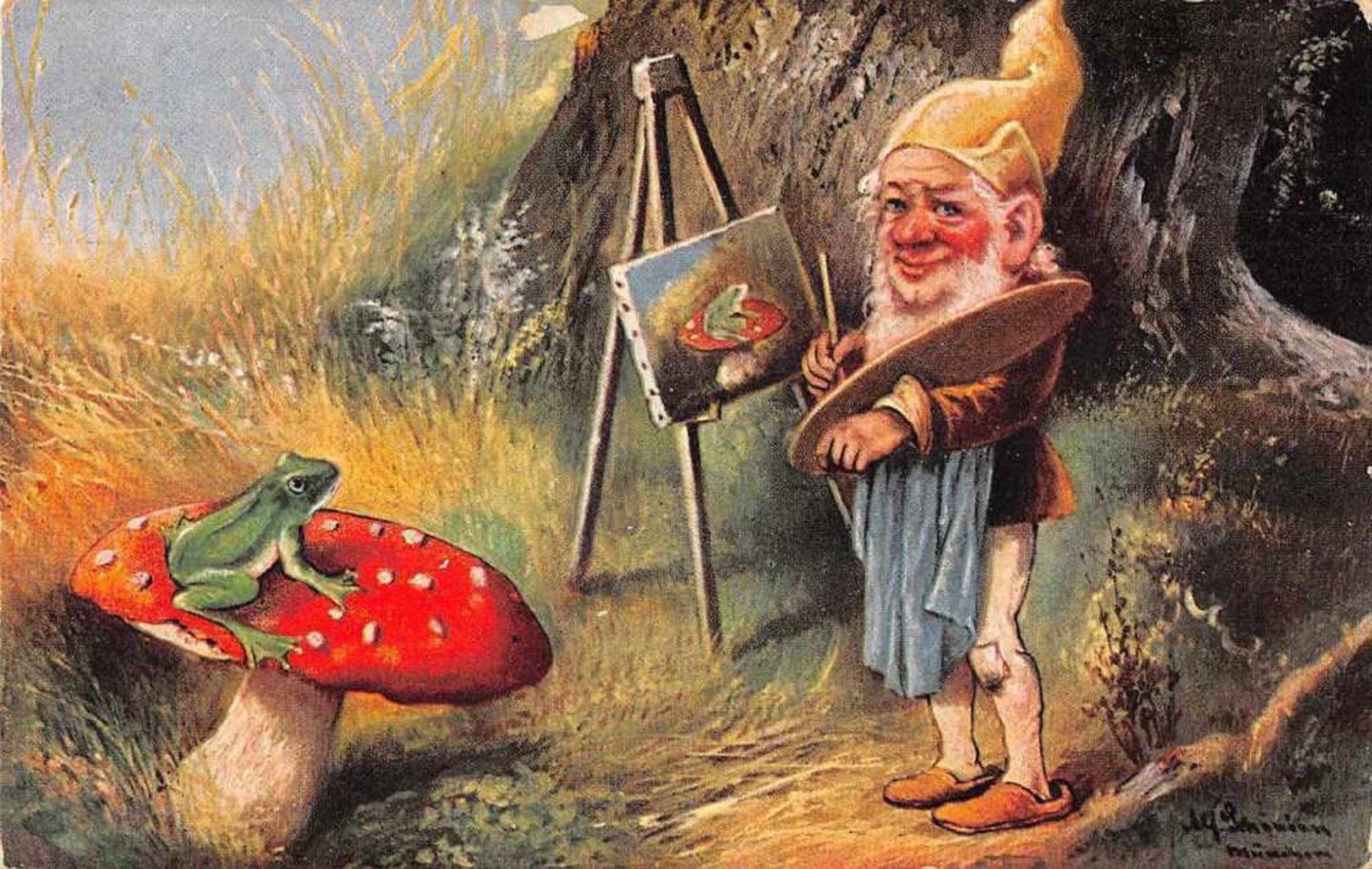 Gnome Elf Painting Frog on Mushroom Artist Unknown Ca 1912 Public Domain