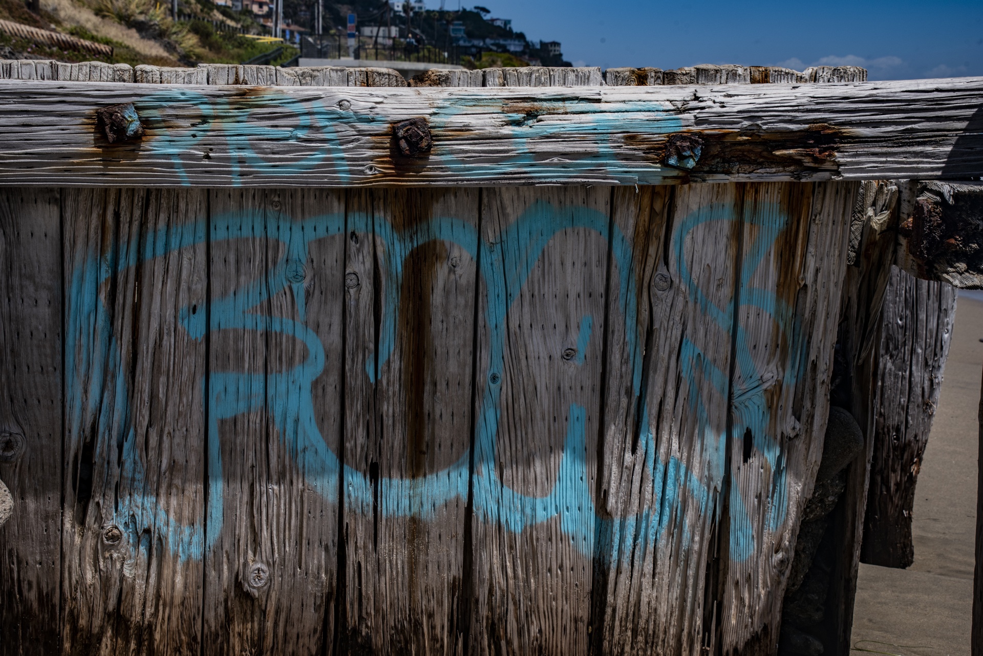 Blue graffiti writing on a weathered wood wall at the Southern California beach