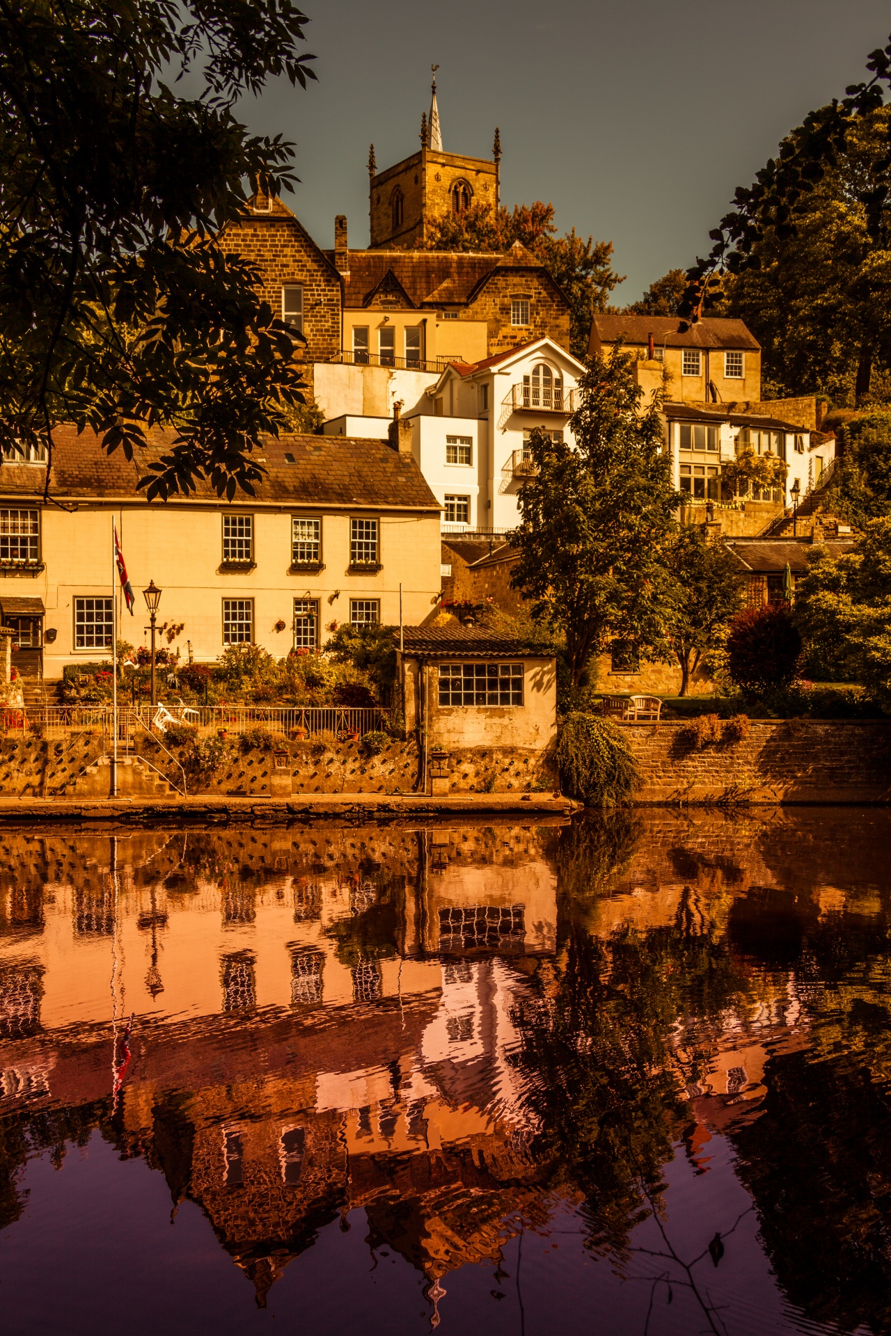 Reflection of houses in a village of Knaresborough