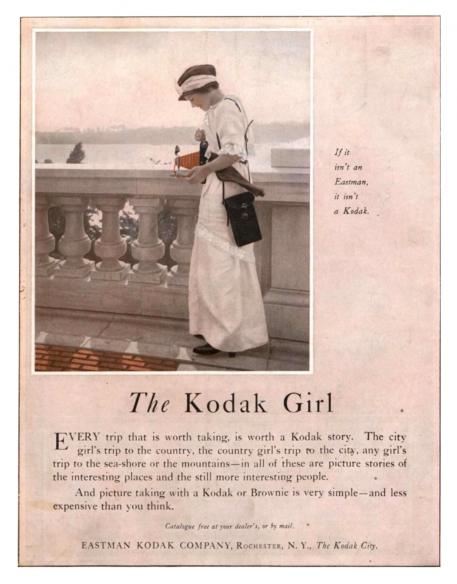 Vintage poster advert for kodak camera with young woman holding a camera and taking a photo
