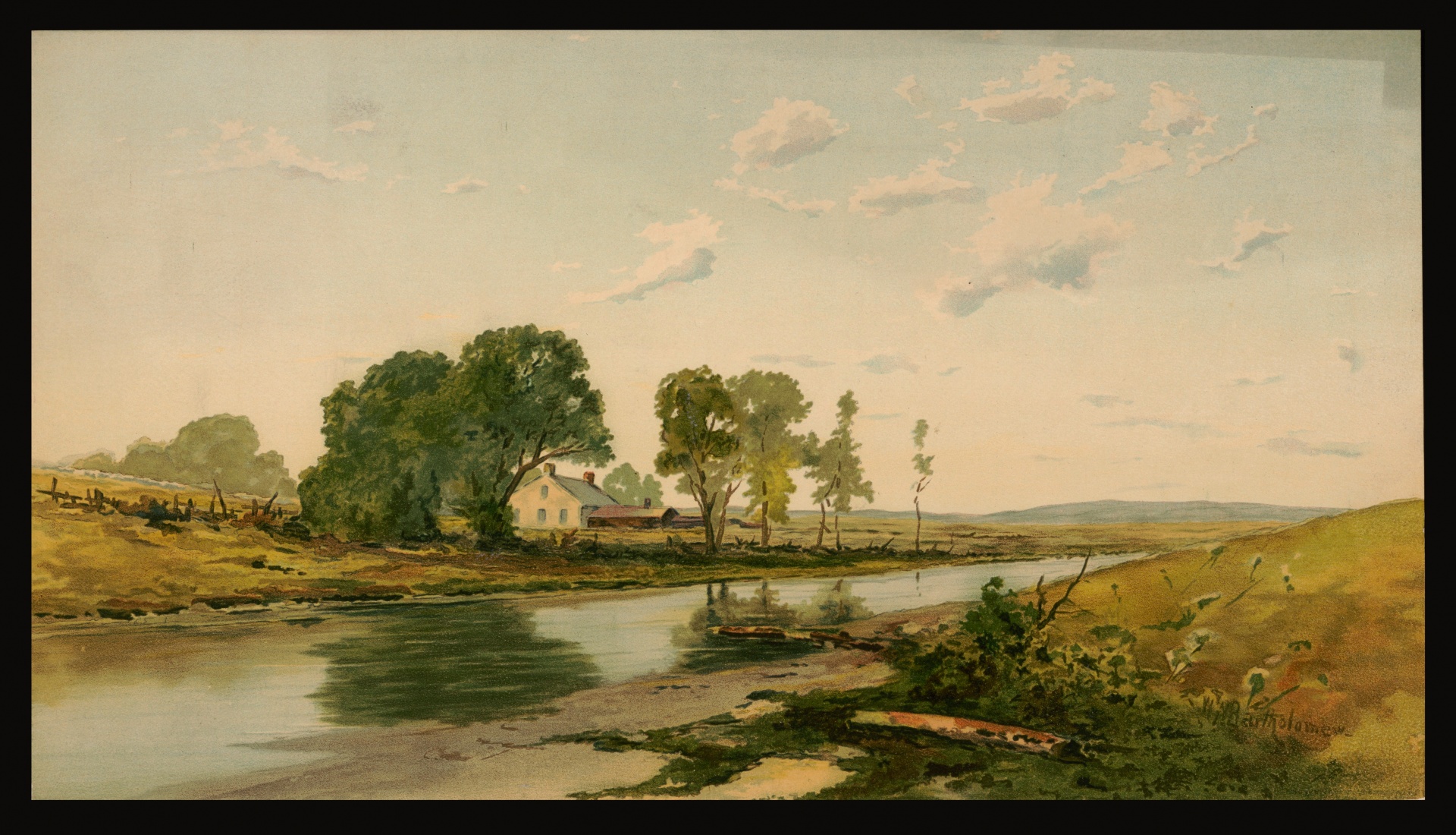 Vintage landscape of river, trees, fields painting by W N Bartholomew