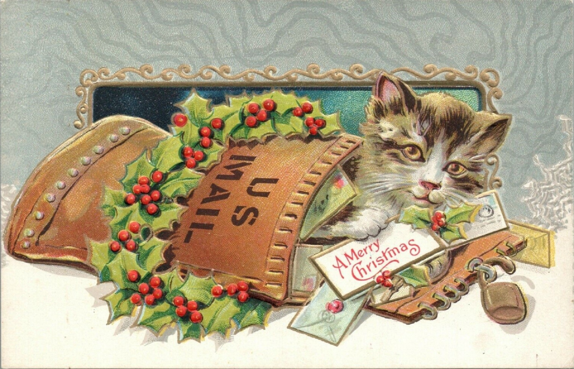 Merry Christmas Cat in The Mail Artist Unknown Ca 1910 Public Domain