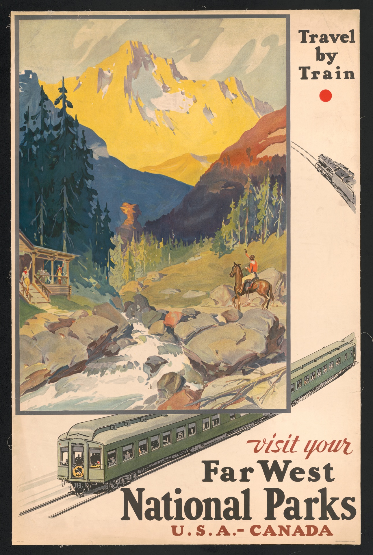 Vintage train travel poster for the Far West National Parks of Canada and USA