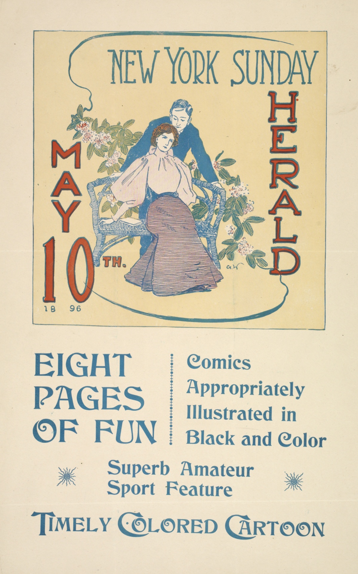 Vintage new york sunday herald newspaper front page poster, print for 1896