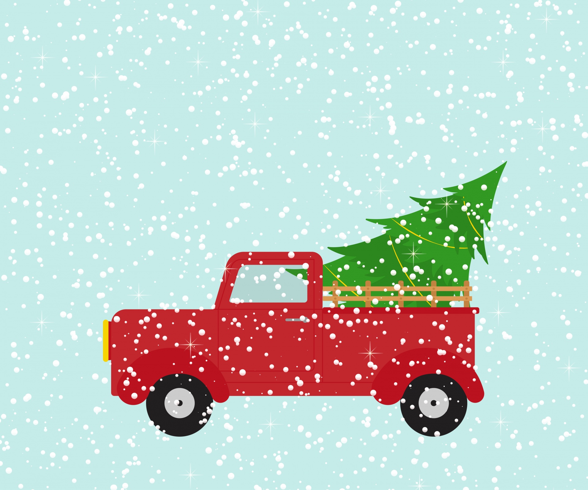 Retro vintage red pickup truck with christmas tree and snow
