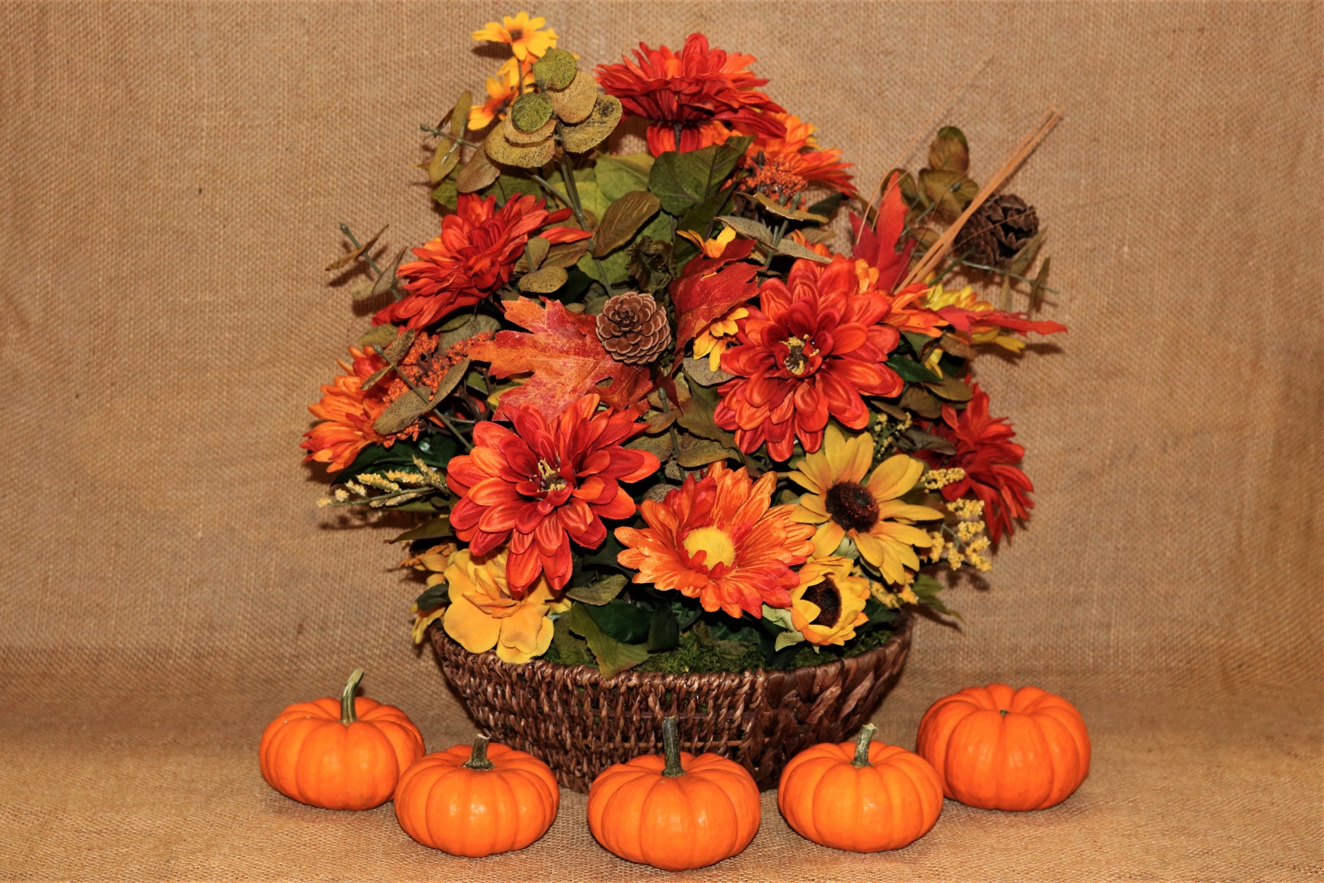 Pumpkins And Flowers On Burlap 2