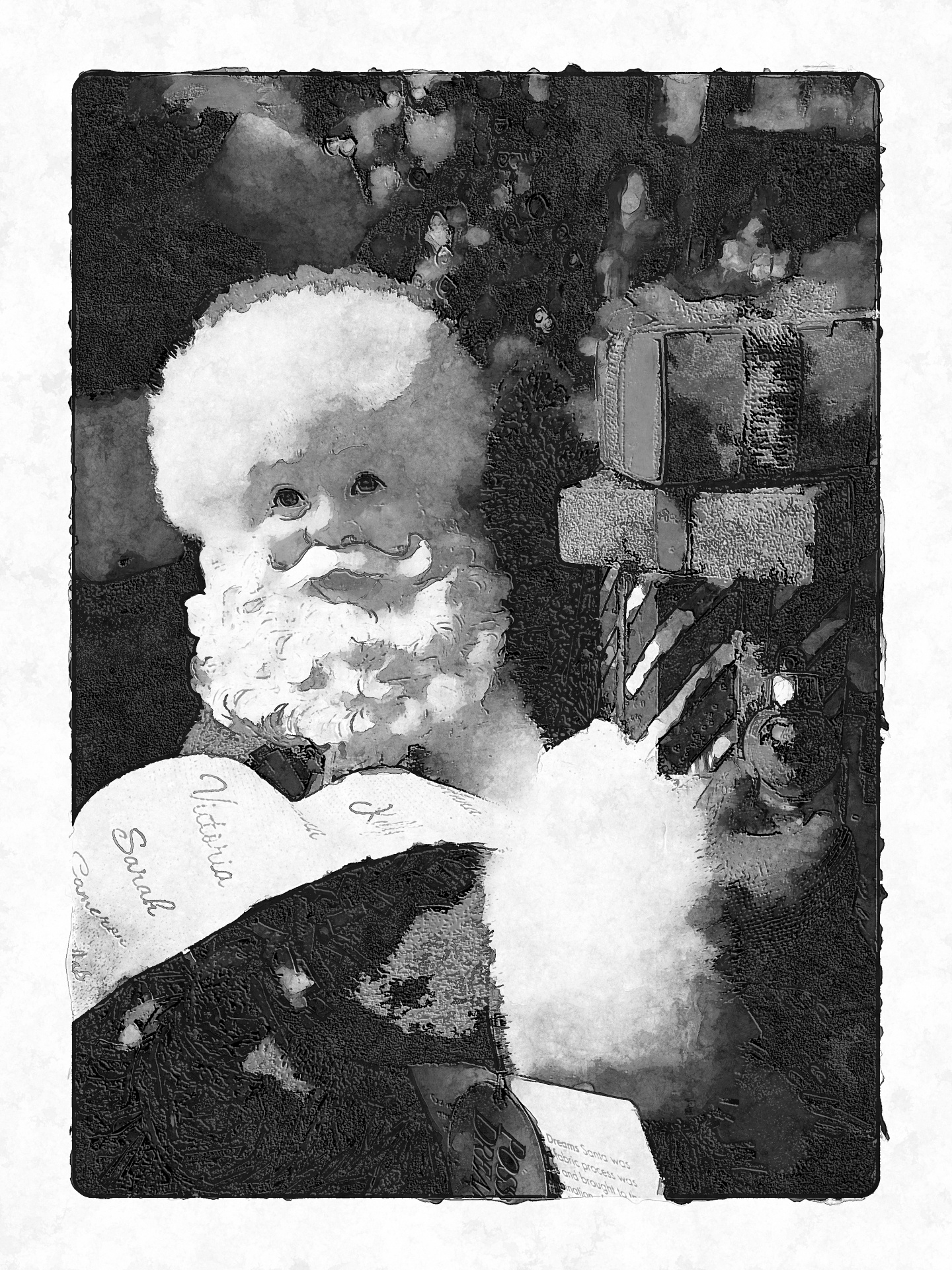 black and white rendering of Santa Claus with gifts and his list
