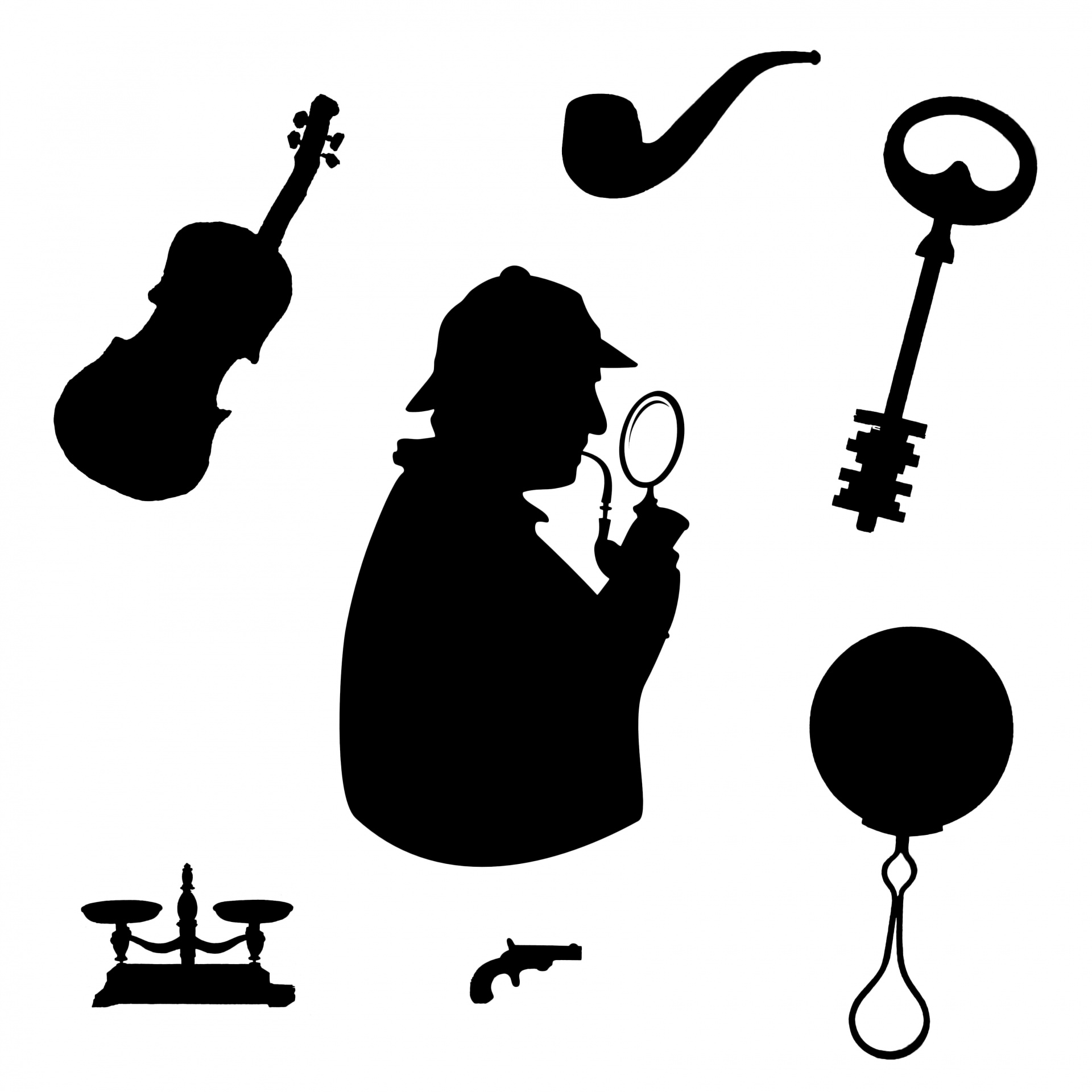 Silhouette of Sherlock Holmes and various related items clip art