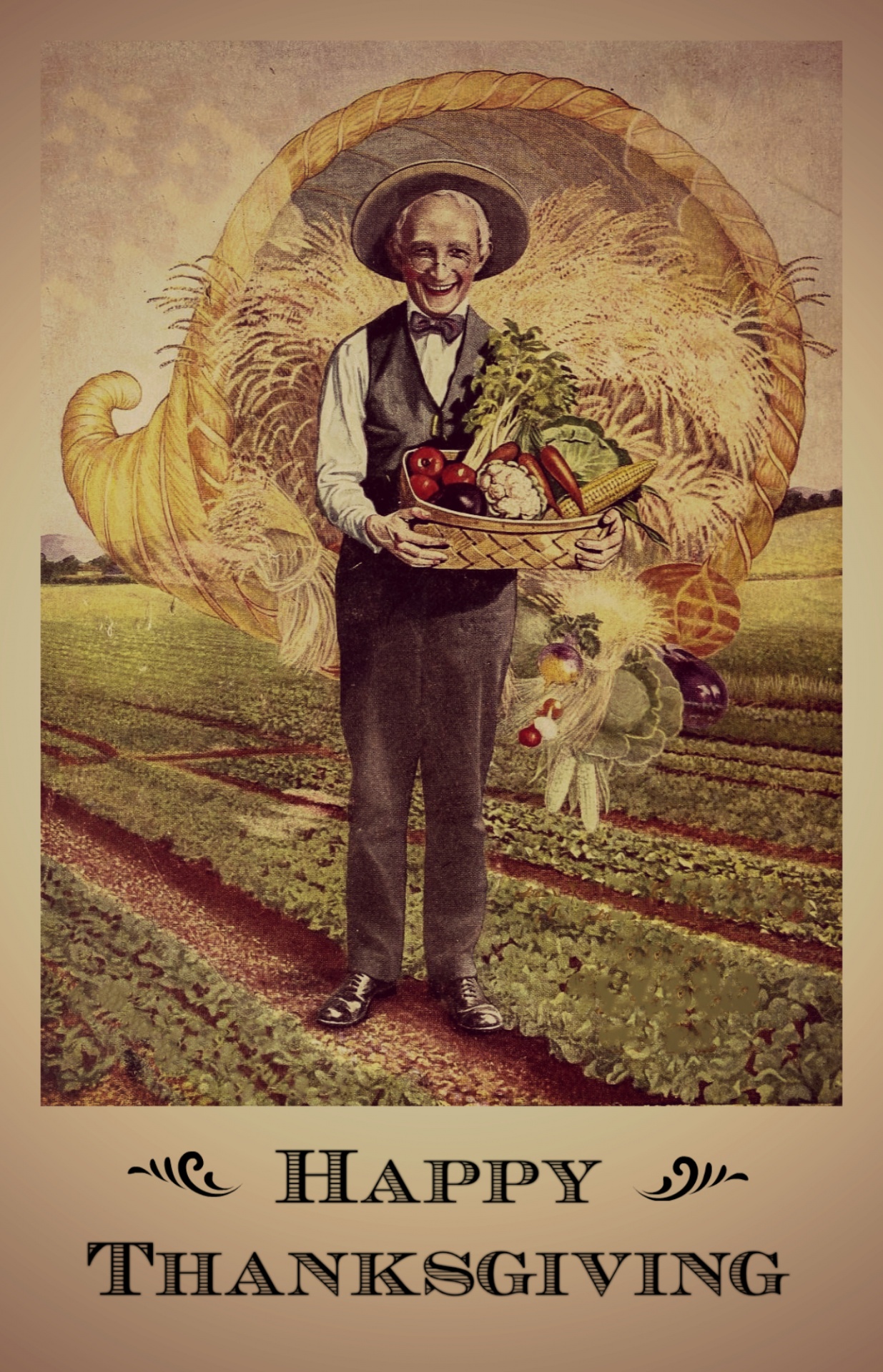 vintage poster for Thanksgiving featuring a farmer holding a basket of vegetables in front of a cornucopia
