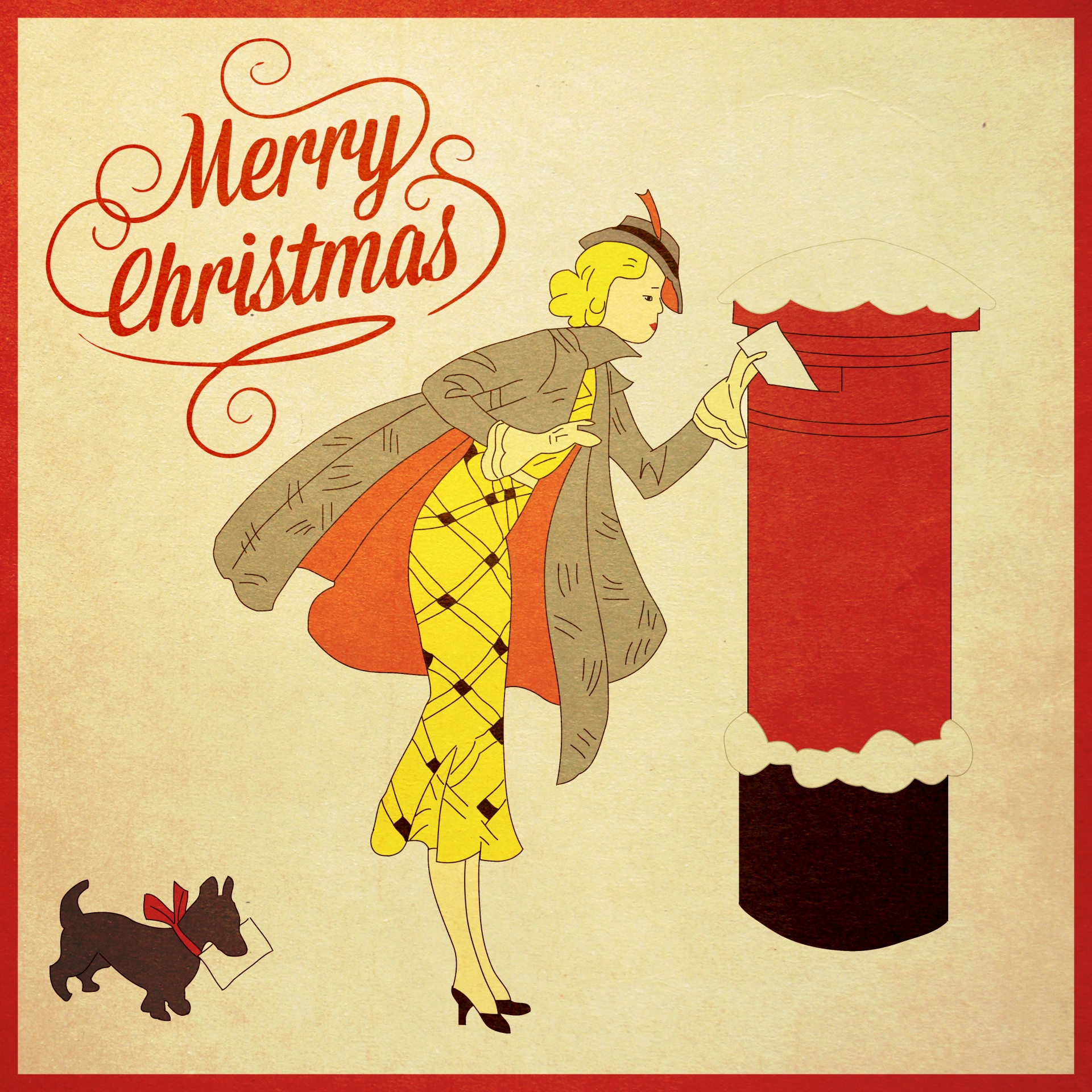 Hand drawn illustration of woman and dog posting christmas card in postbox retro, vintage, aged christmas card template