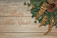 Happy New Year Gold Leaves On Wood