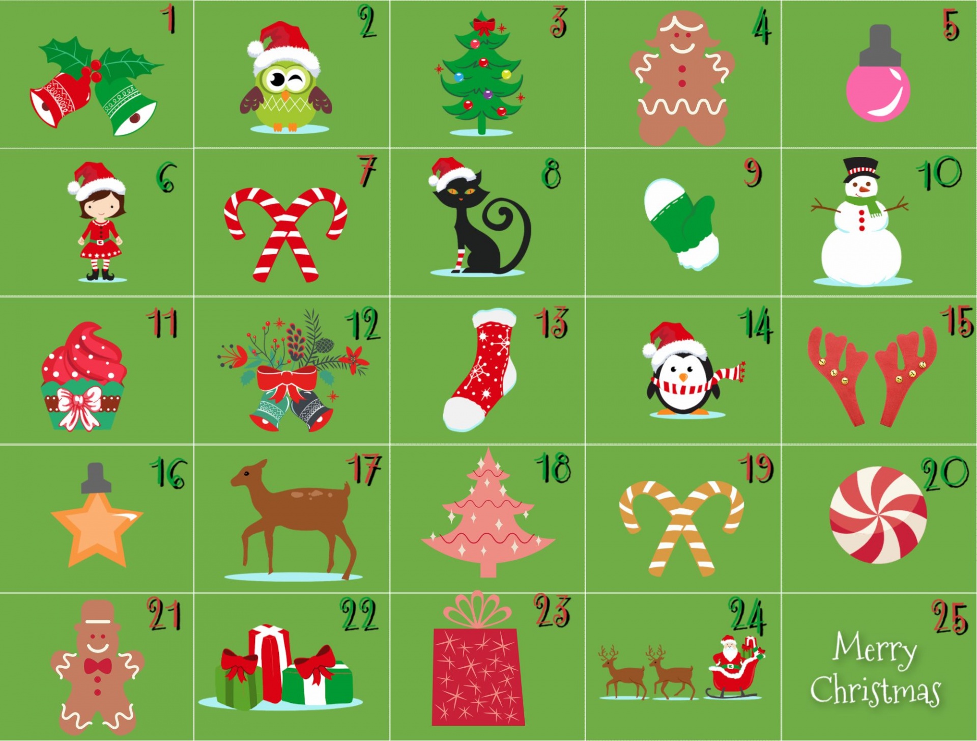 Christmas Countdown Calendar with a holiday illustration in each square