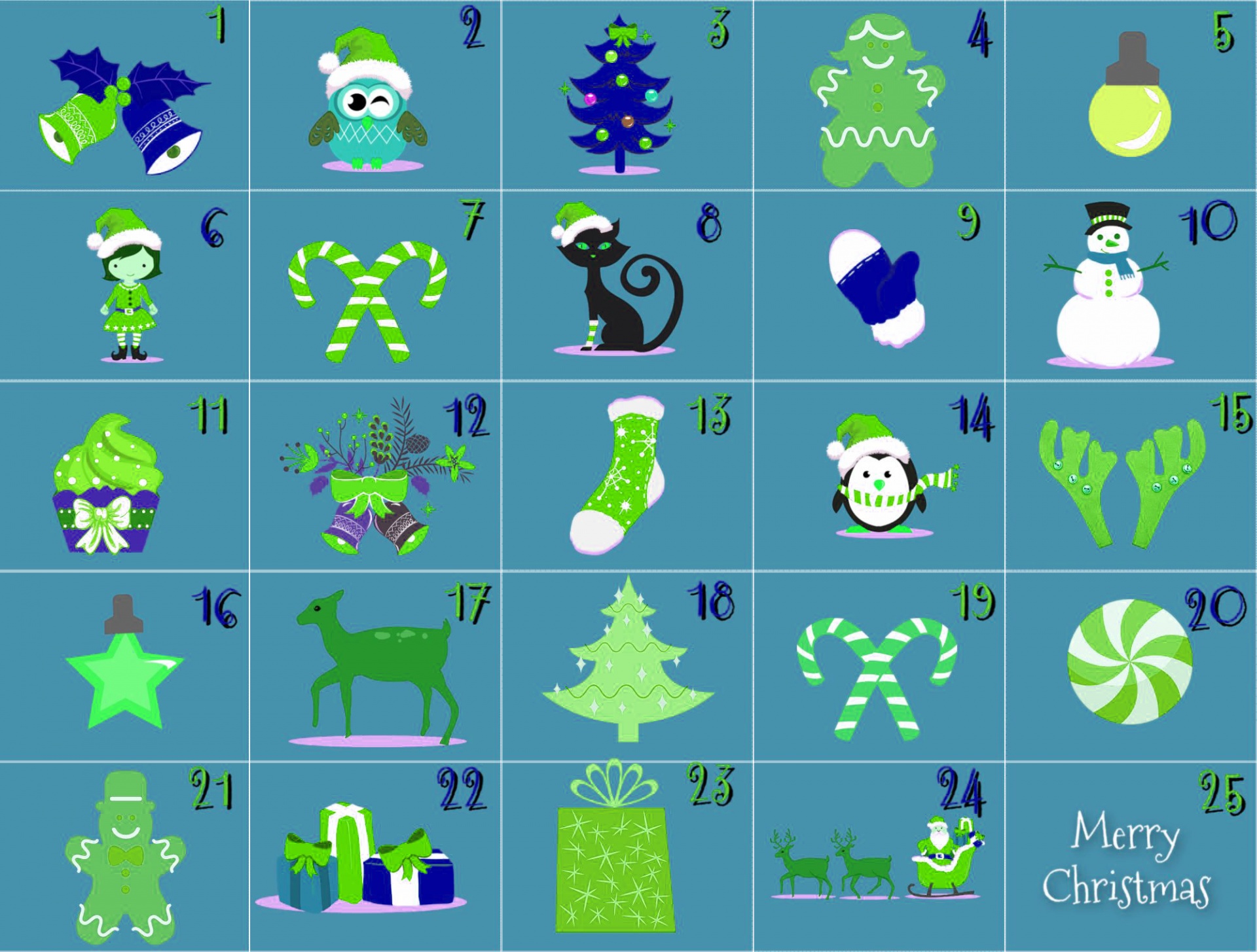 Holiday Calendar in blue hues with a Christmas decoration in each square