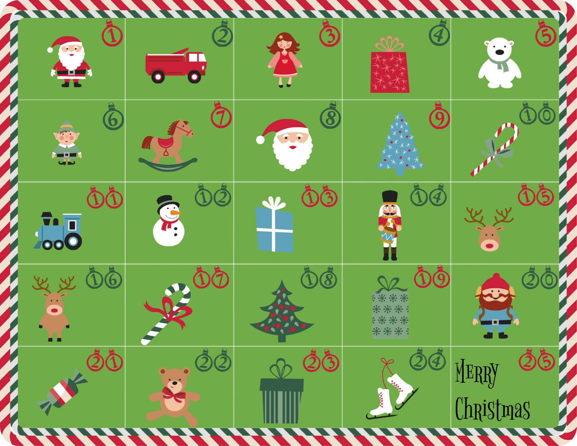 Advent Calendar featuring assorted Christmas illustrations on a green background with dates in ornaments