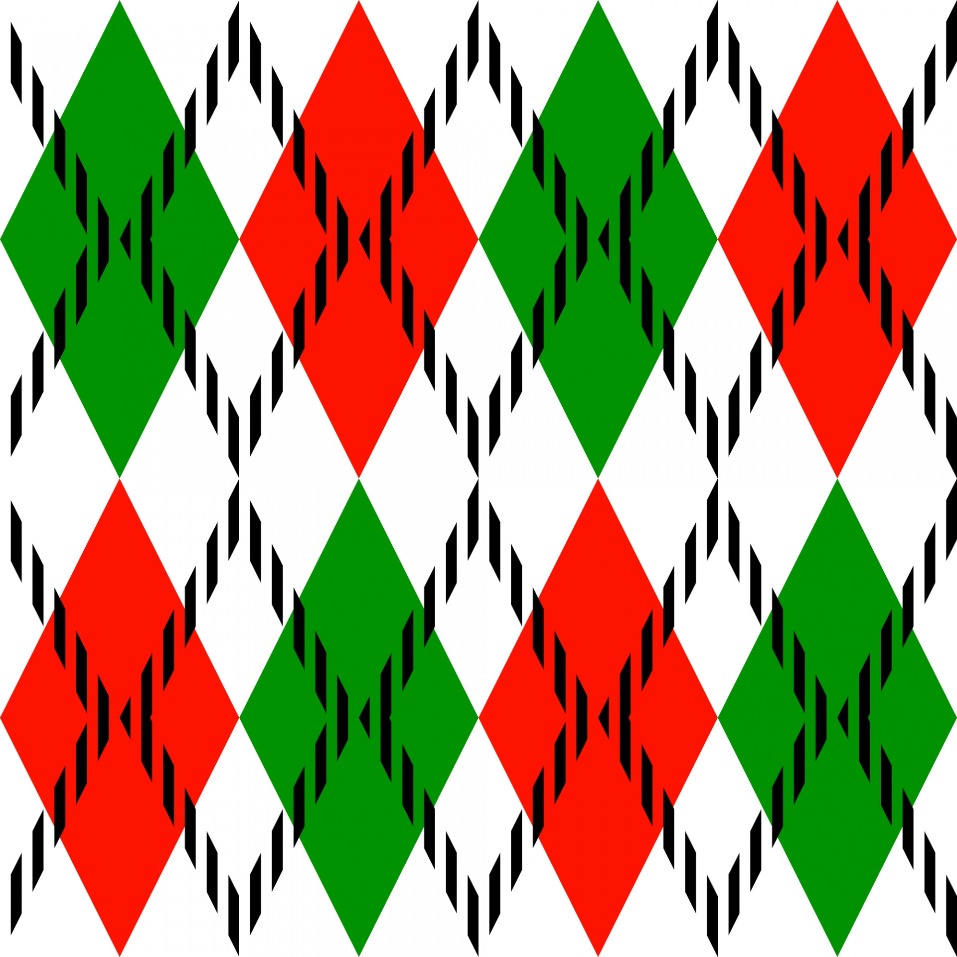 red, green triangles Argyle pattern with black stripes on white background