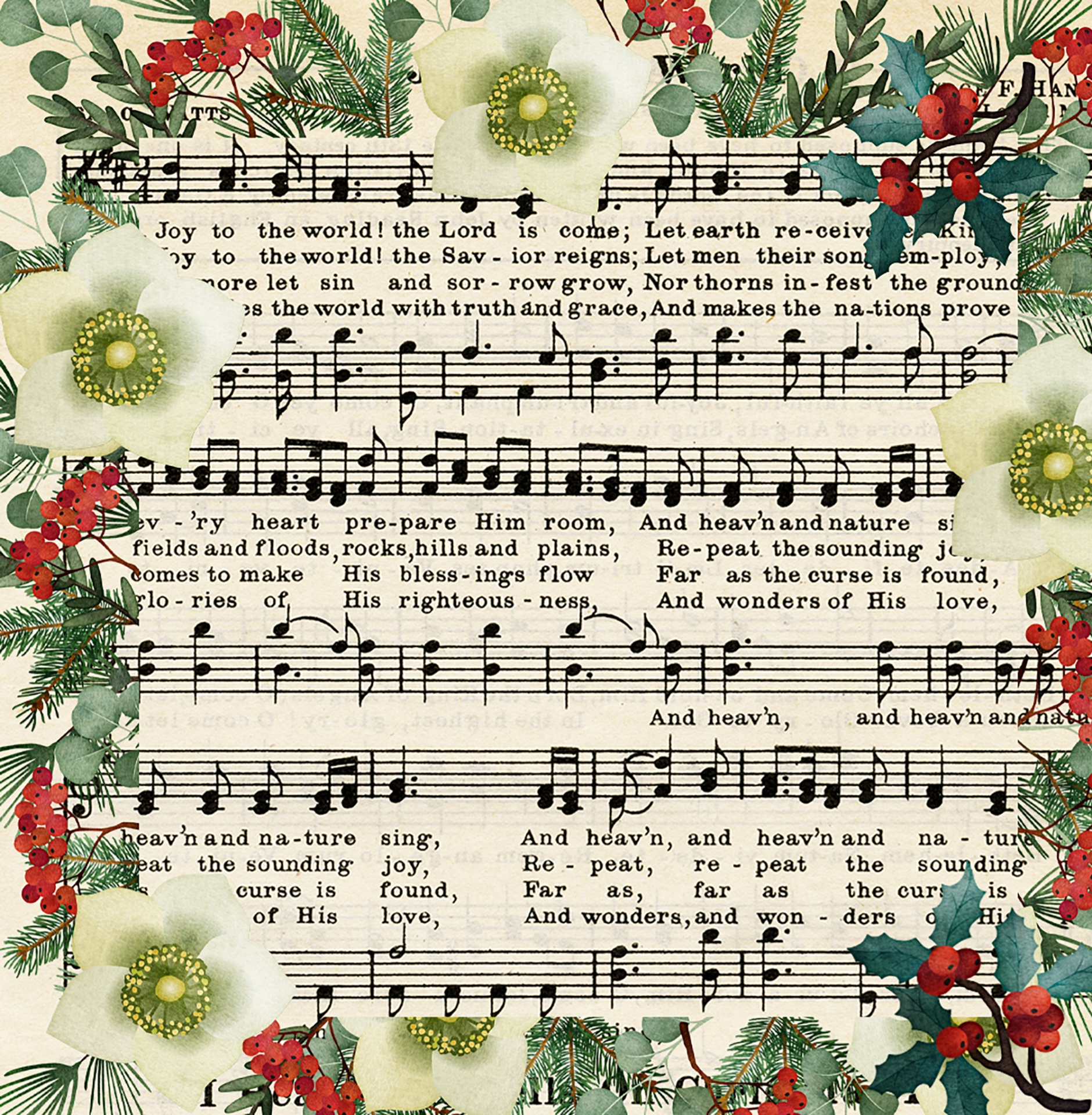 Joy to the world sheet music framed by Christmas flowers