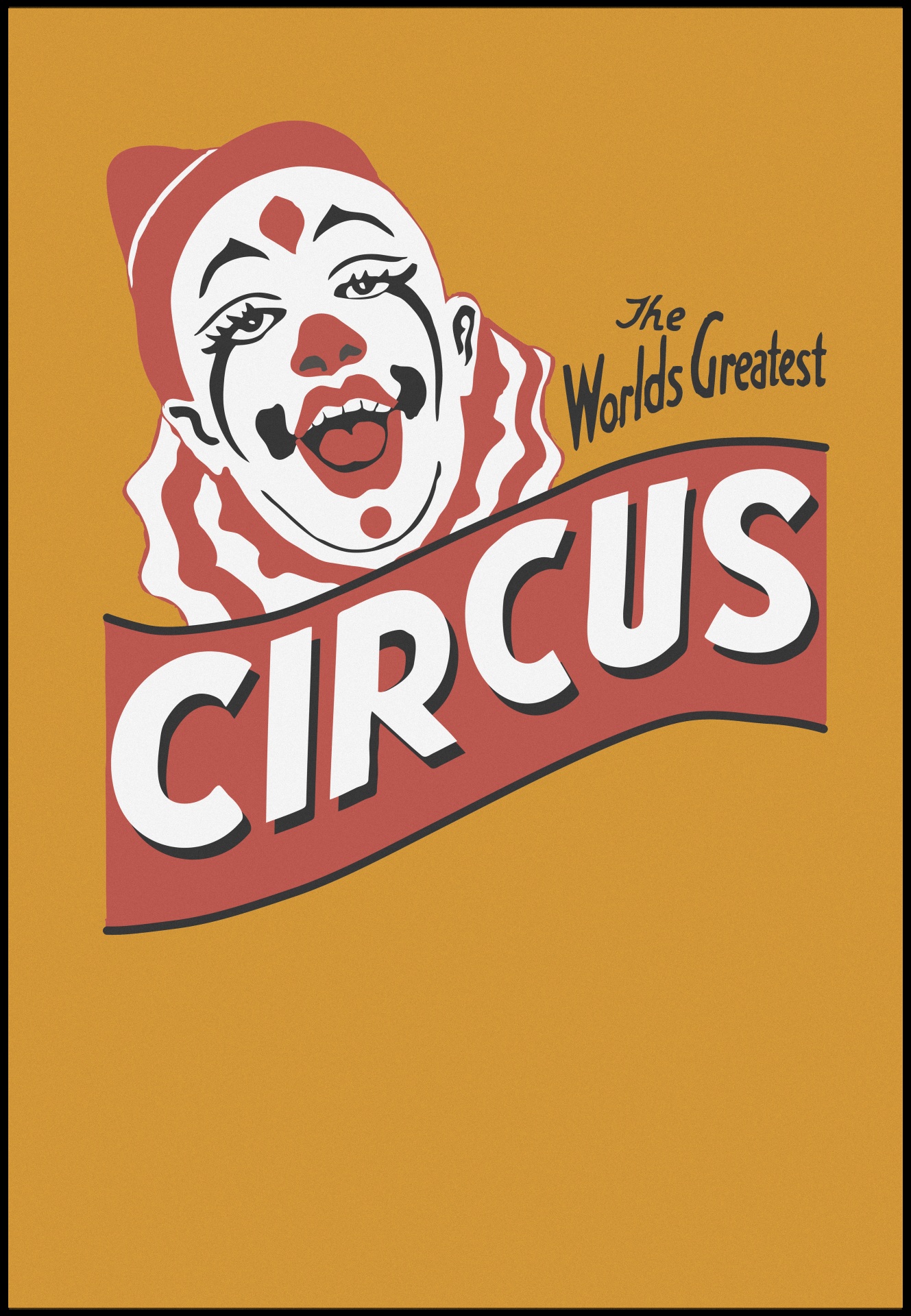 Retro, vintage style poster of red face of a laughing, happy circus clown on orange background with space for your copy text
