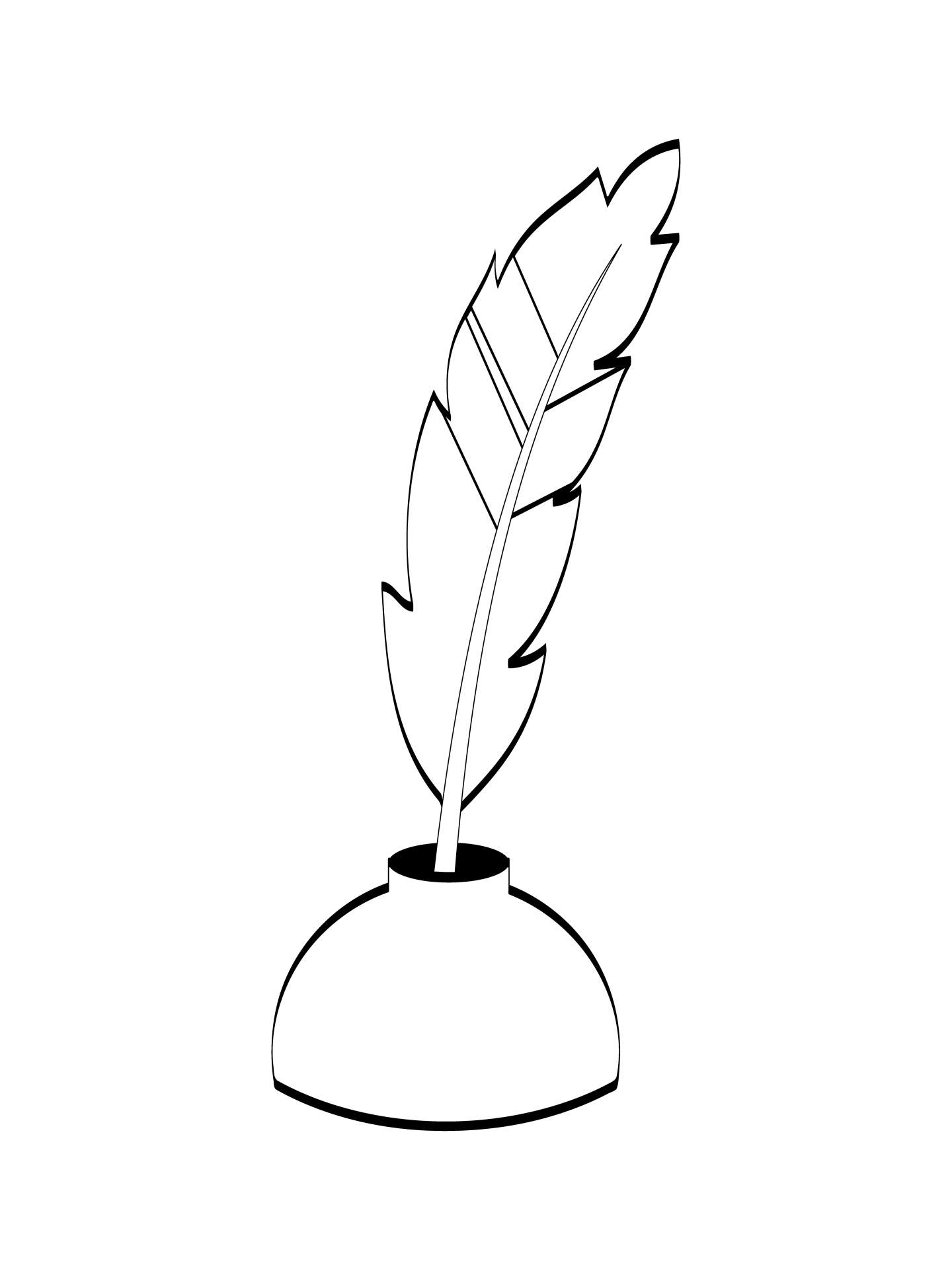 Outline black and white clipart drawing of vintage feather quill in inkpot on transparent background