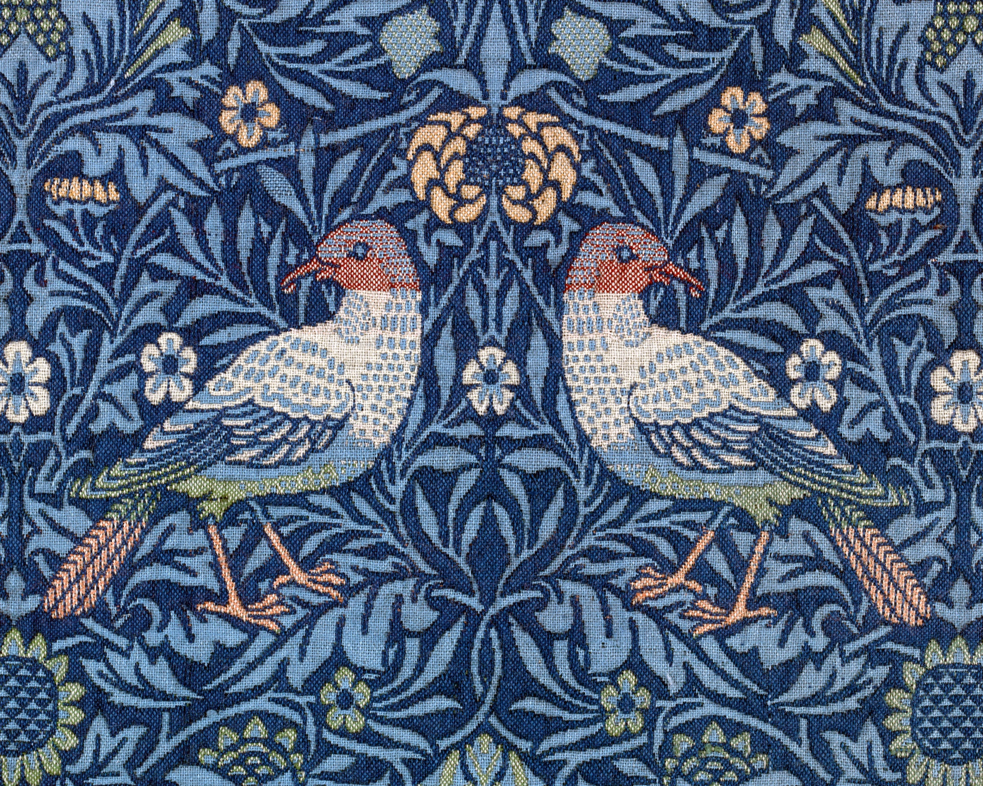 Vintage textile fabric of birds and flowers by William Morris