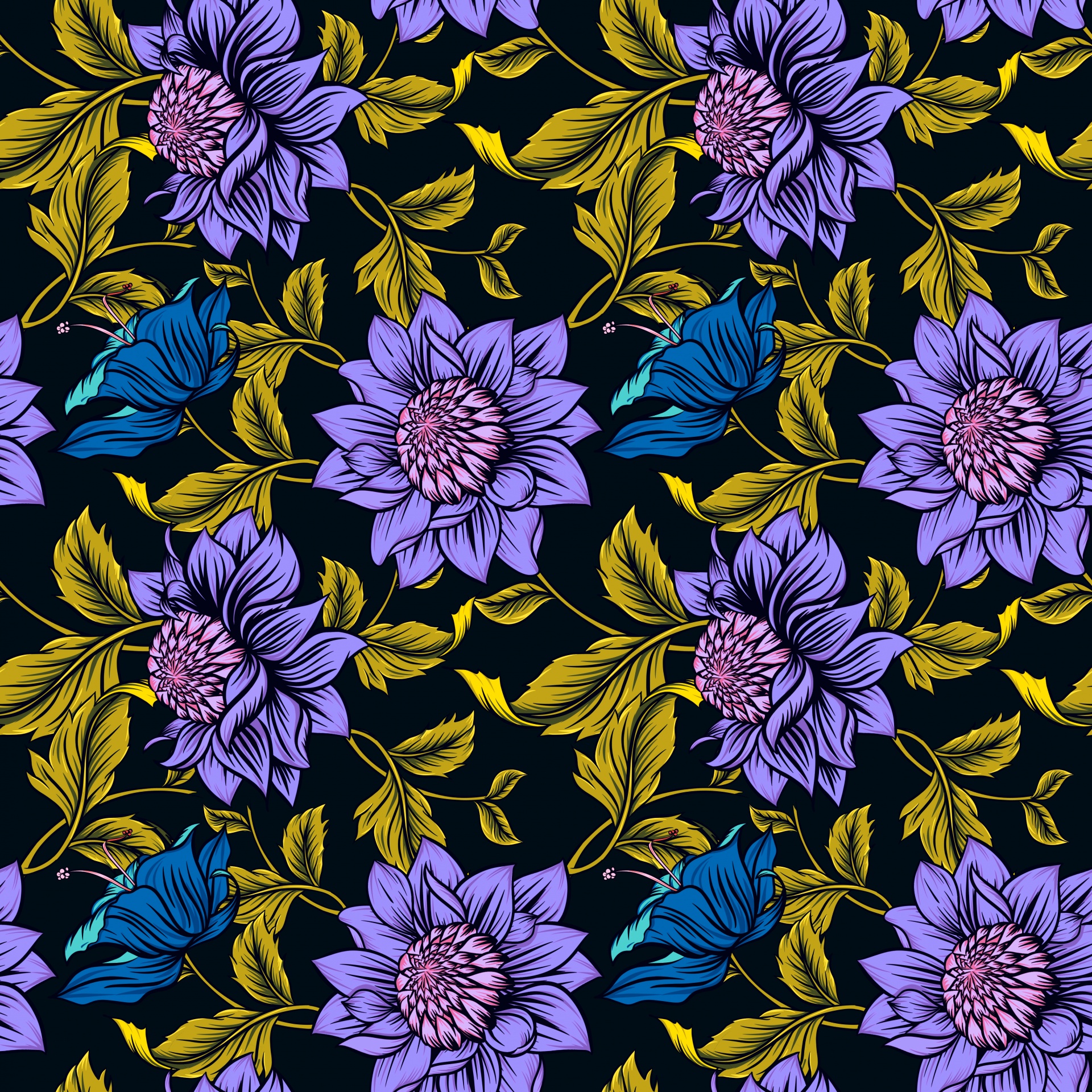 Blue floral flowers with golden leaves seamless wallpaper pattern background