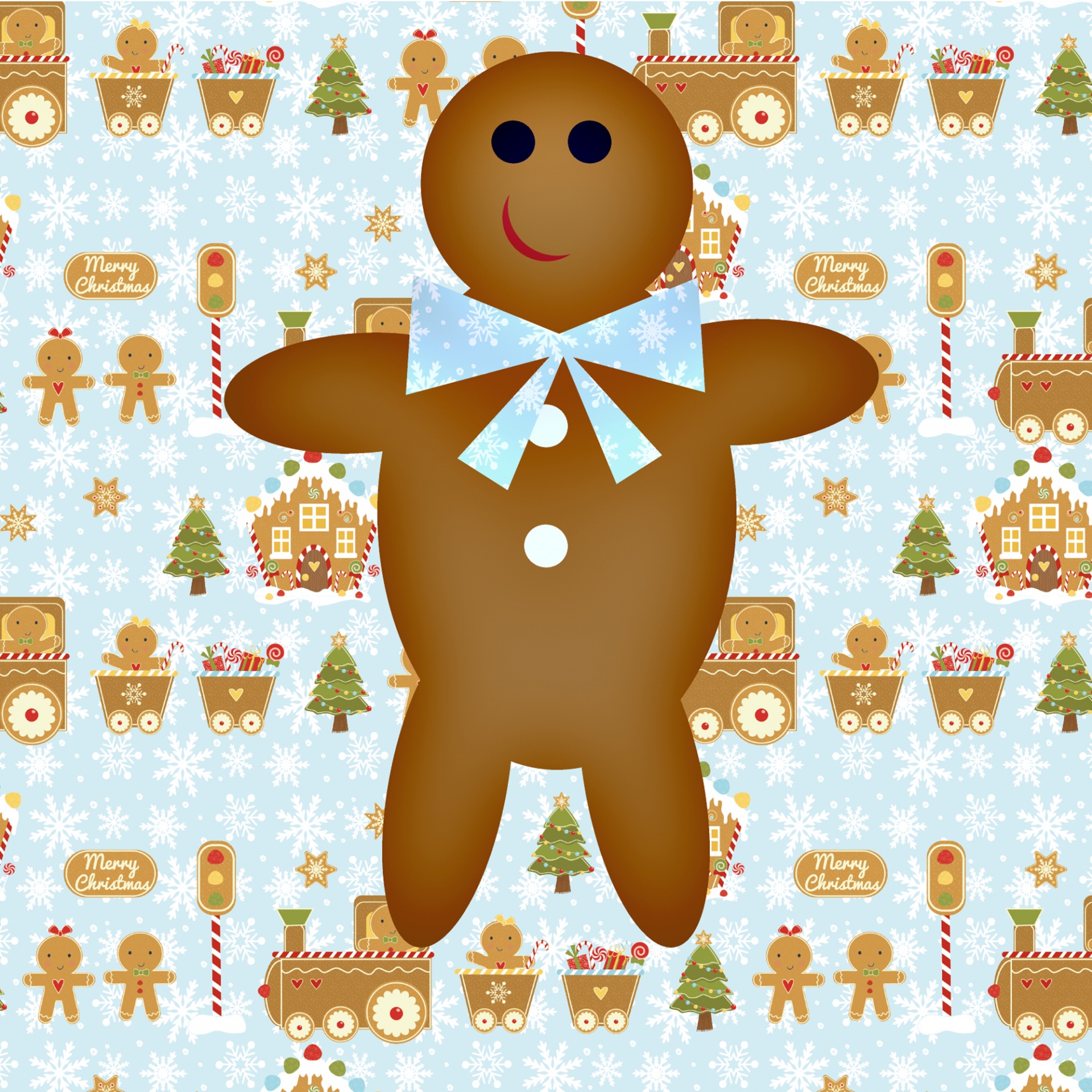 gingerbread cookie on a background of gingerbread toys and decorations