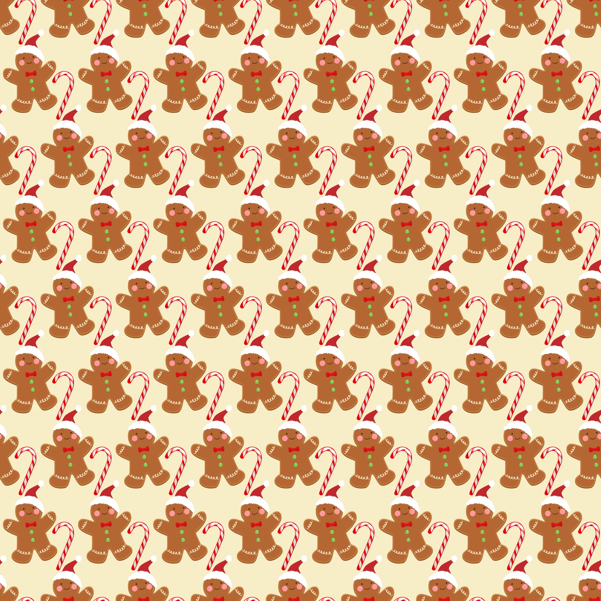 Gingerbread men with candy cane seamless wallpaper pattern background for Christmas