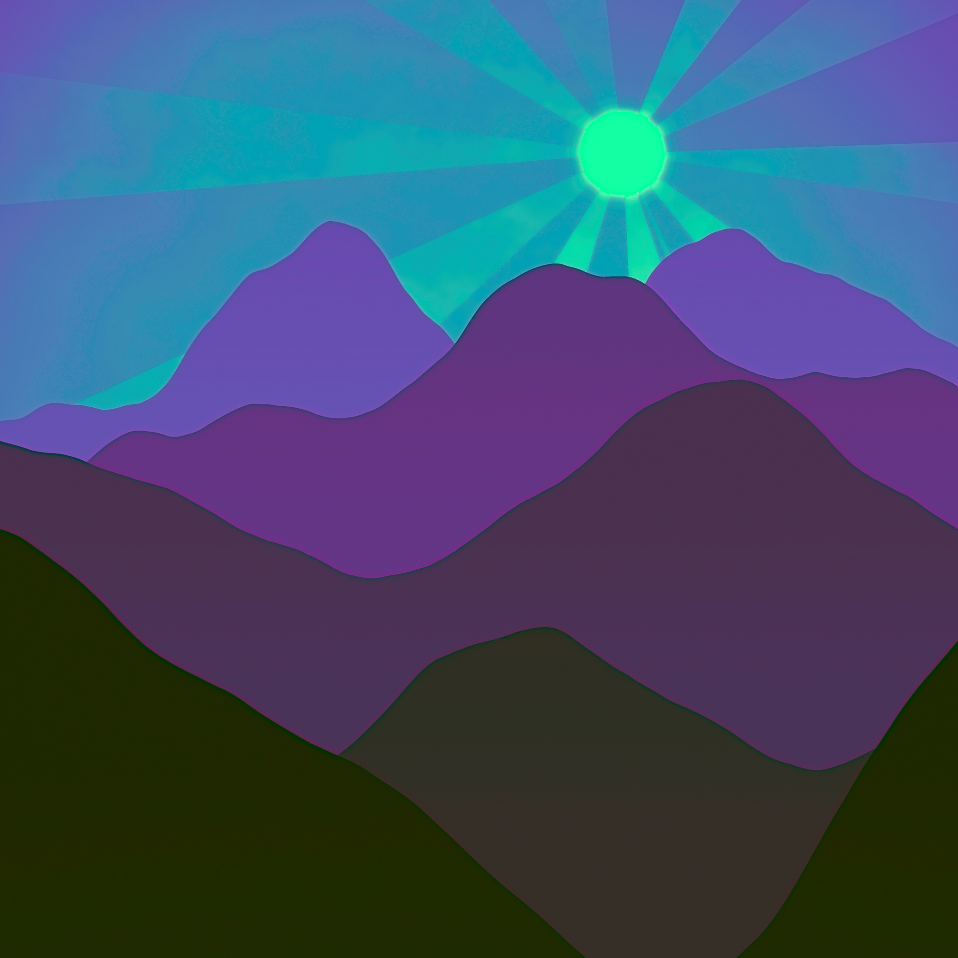 silhouetted drawn mountain illustration with a sun with rays