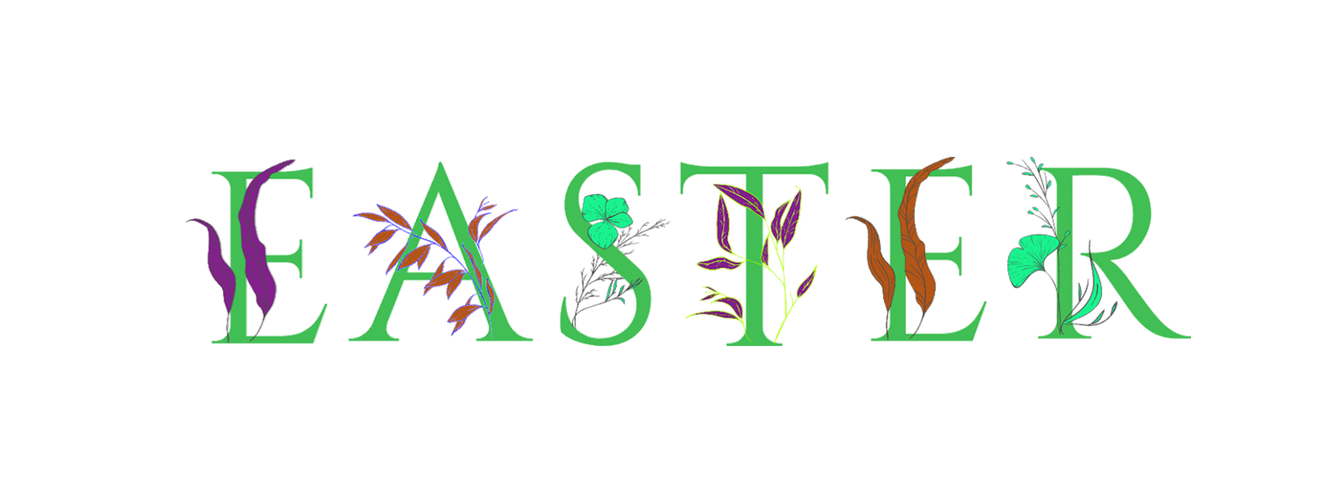 letters spelling Easter wrapped with flowers and plants on transparent background