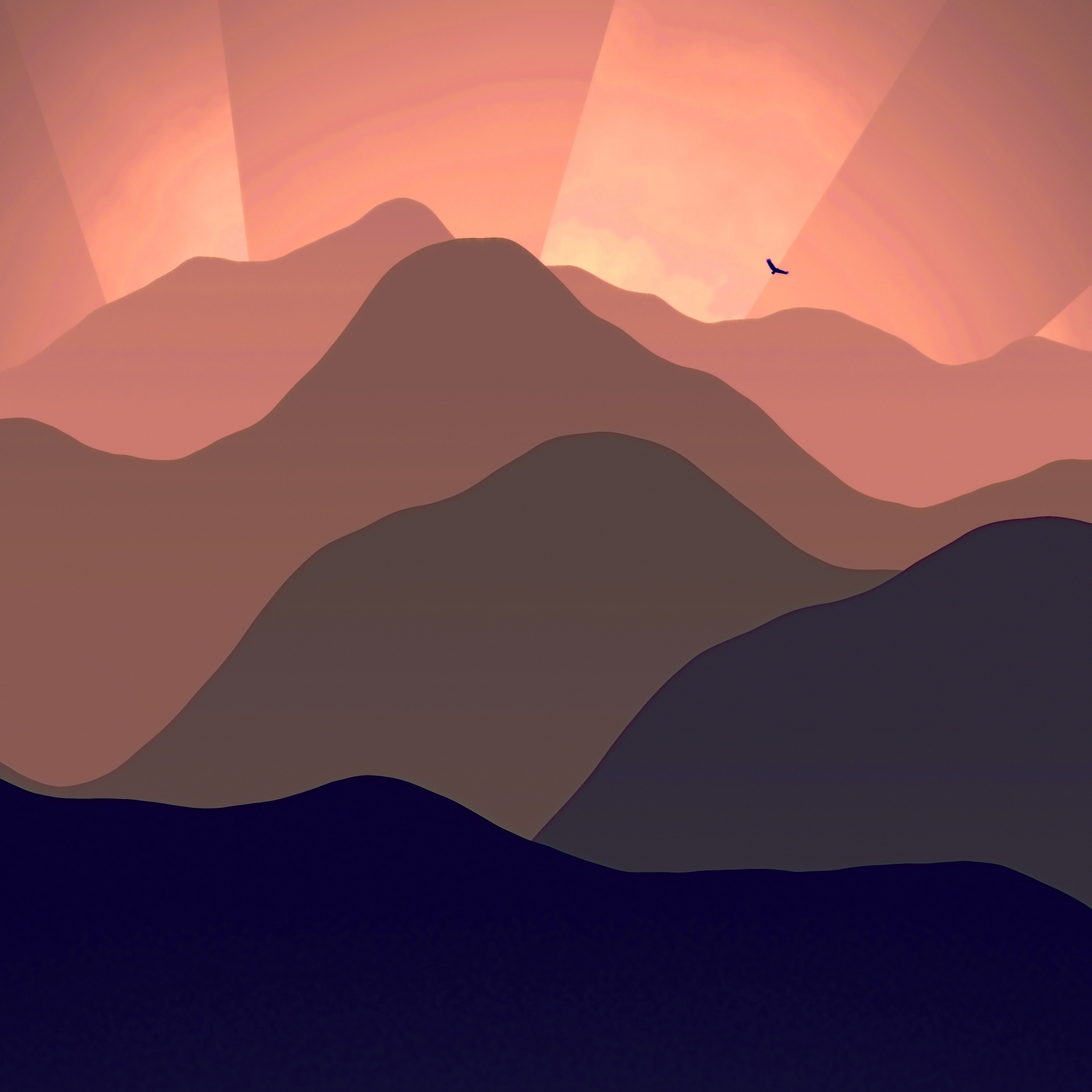 illustration of mountains and sun rays at sunrise or sunset