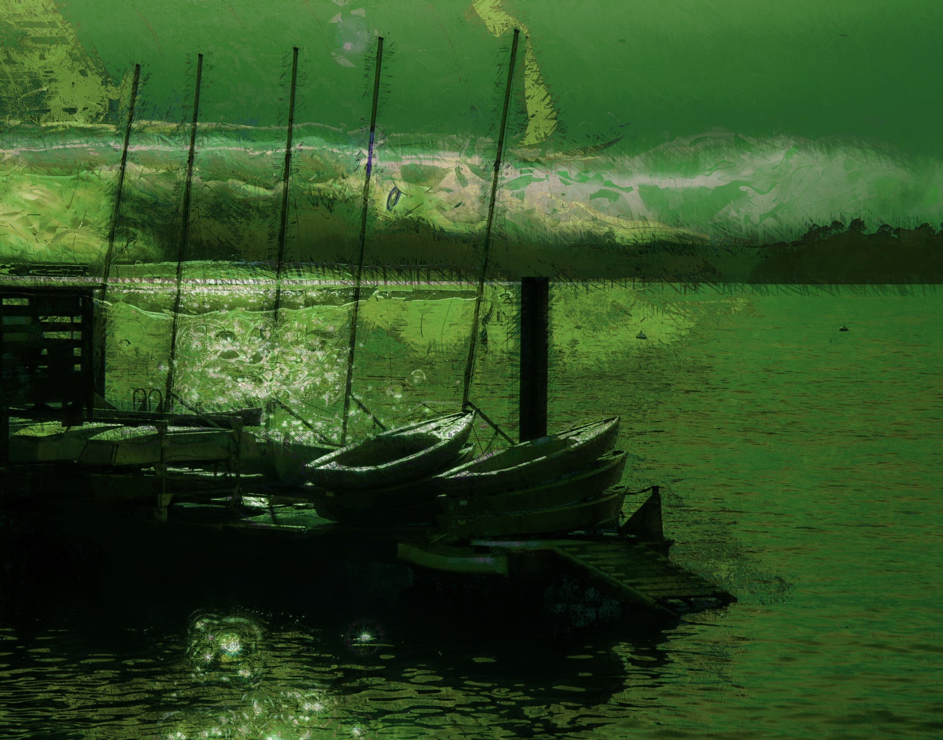 two docked rowboats in green artistic painting