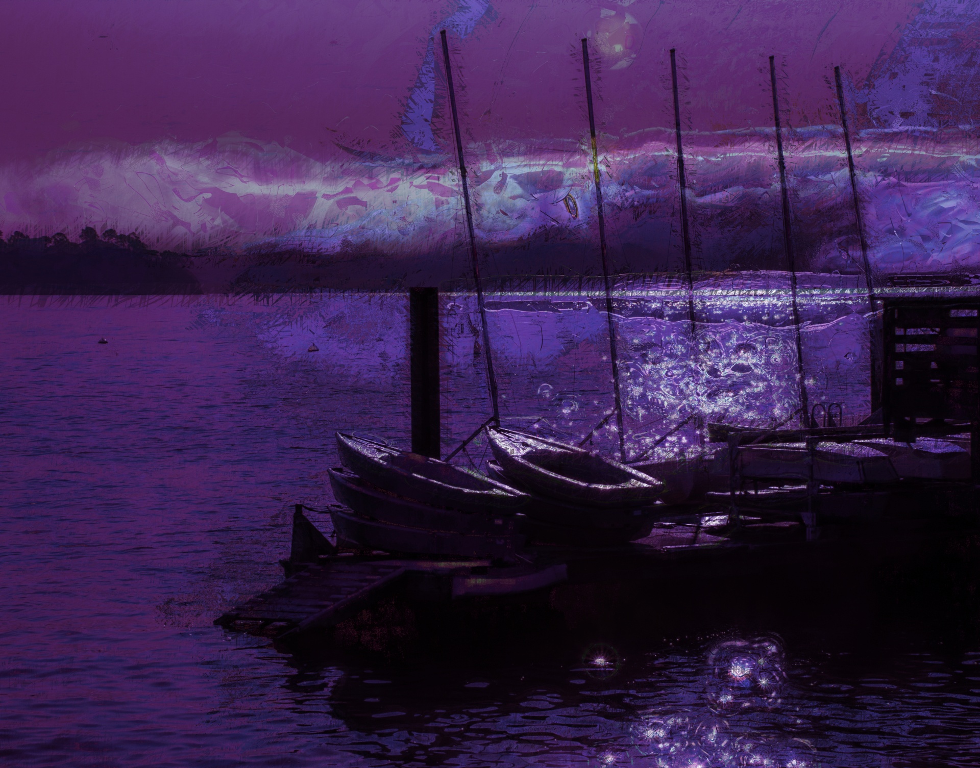 painting of two rowboats in purple hues