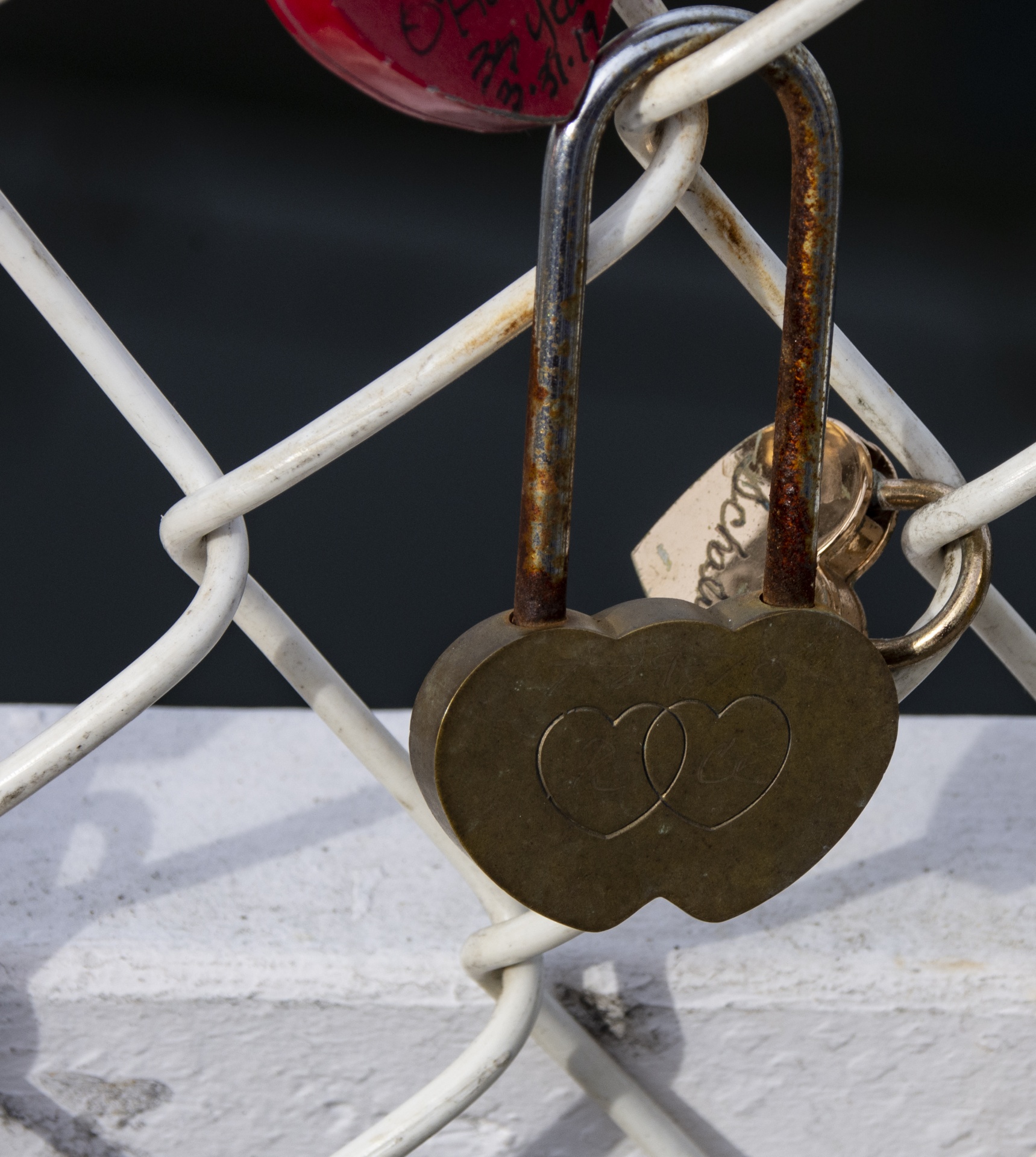 a love padlock hanging on a wire fence