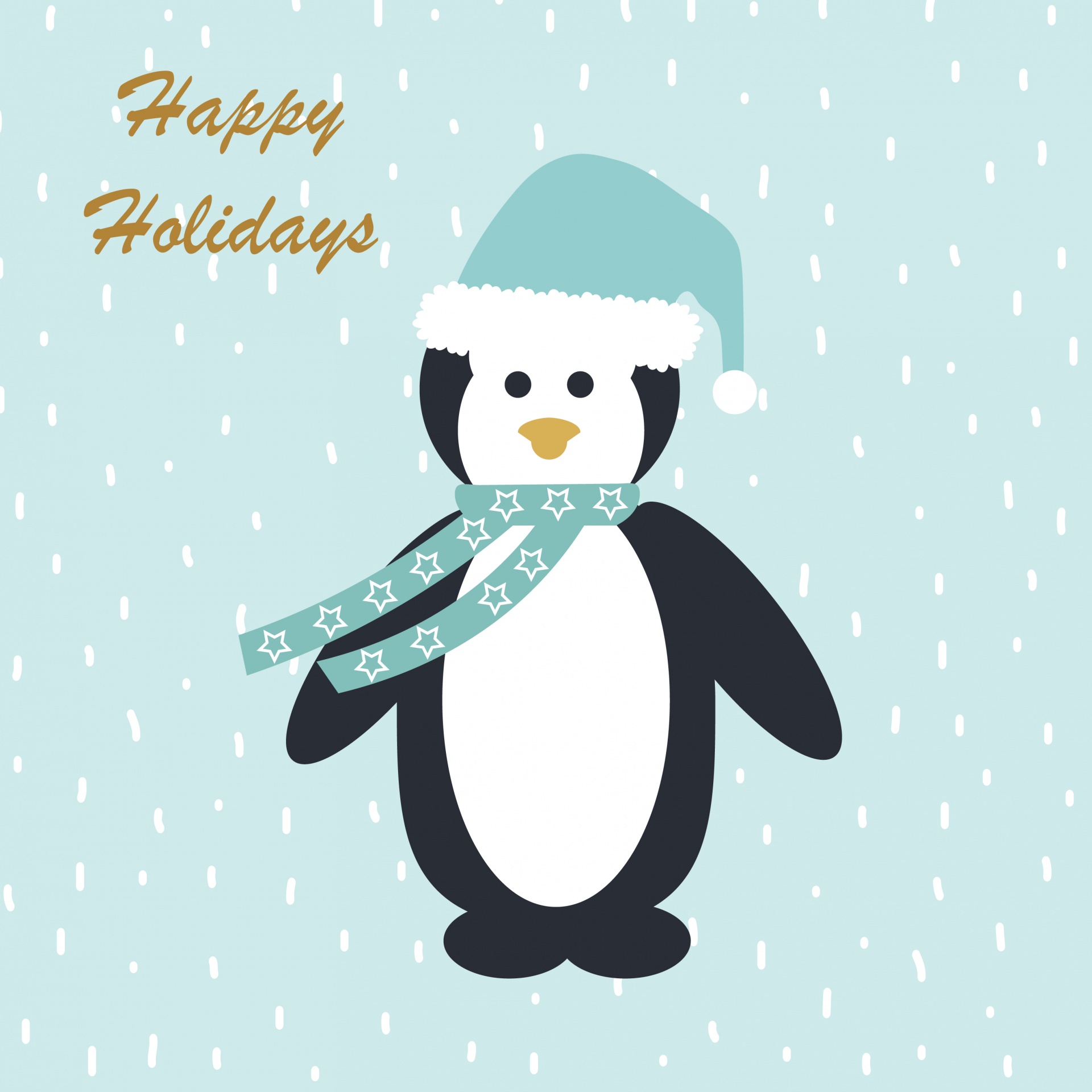 Cute illustration of cartoon penguin on snowy background wearing hat and scarf holiday card
