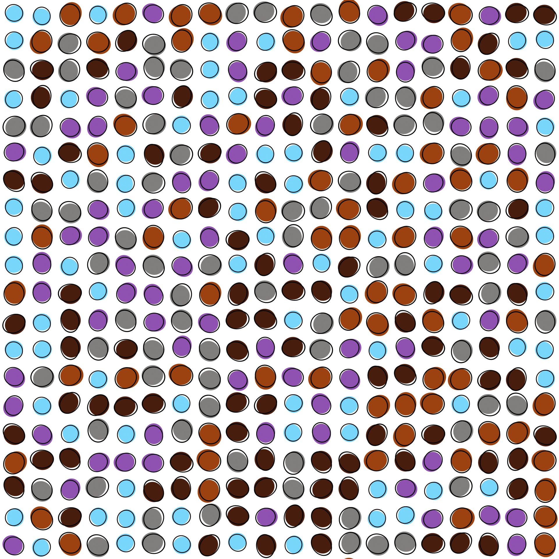 small brown, orange, purple, blue assorted oval retro dot illustrations on white background, patterned paper for cards, graphics, web posts, scrapbook,seamless
