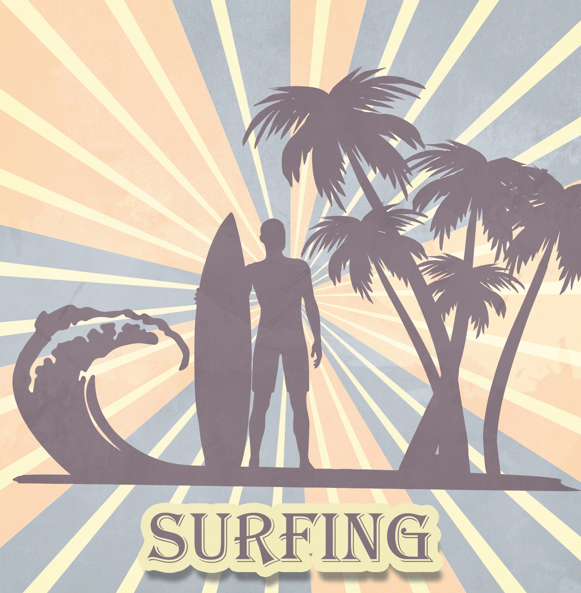 Male surfer with surfboard silhouette with palm trees and waves retro vintage background
