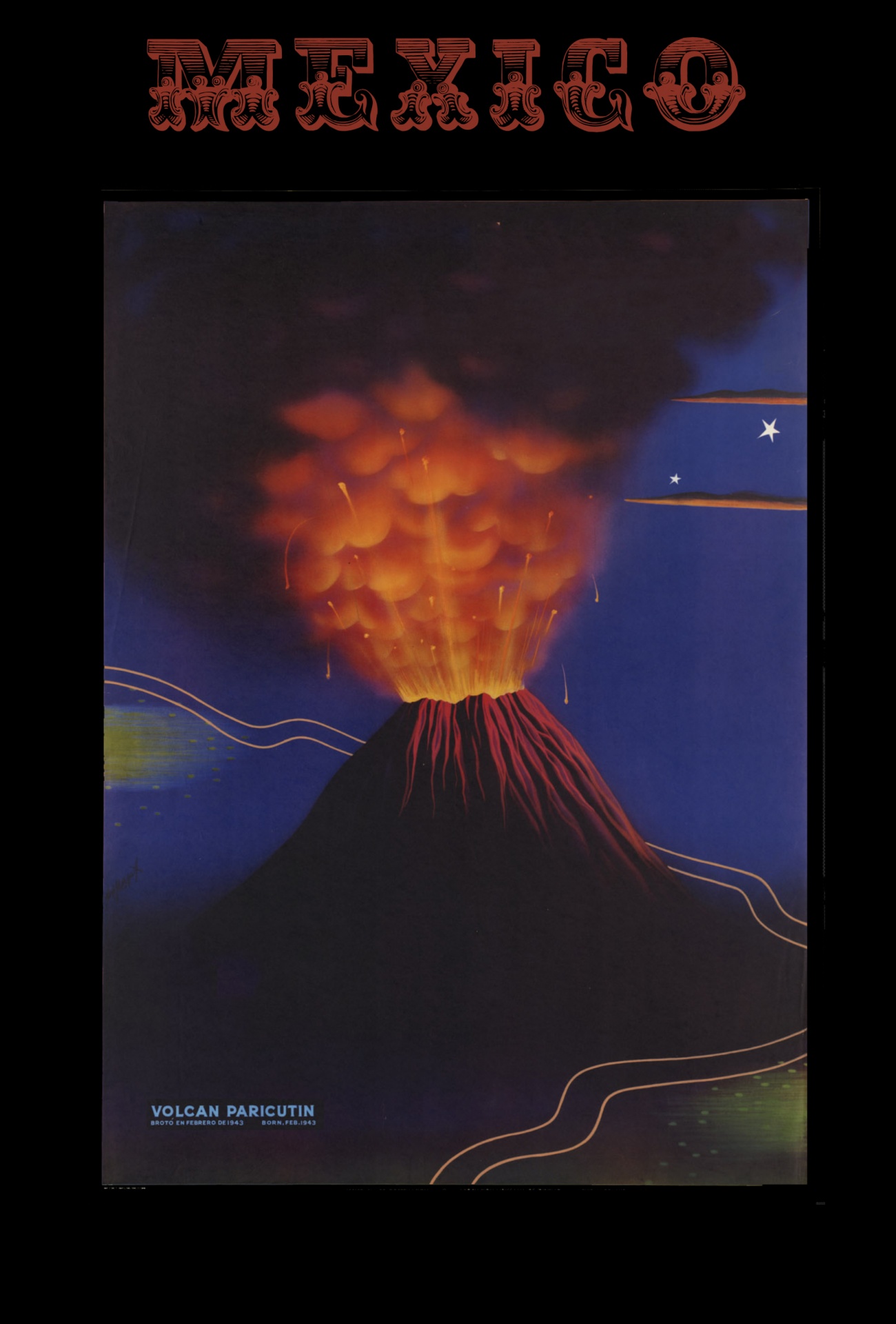 Travel Poster for Mexico showing a volcano erupting