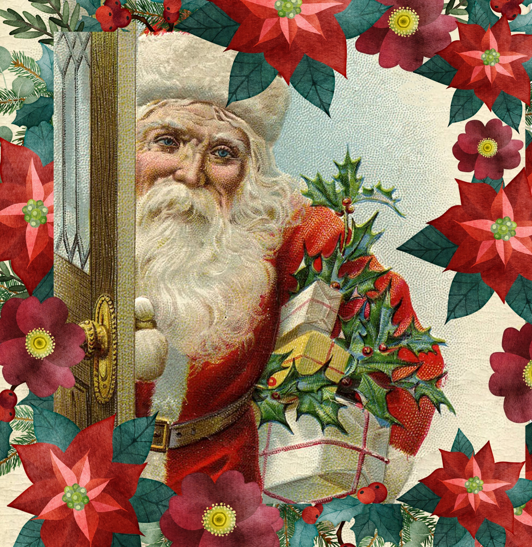 vintage Santa Claus with poinsettia floral border