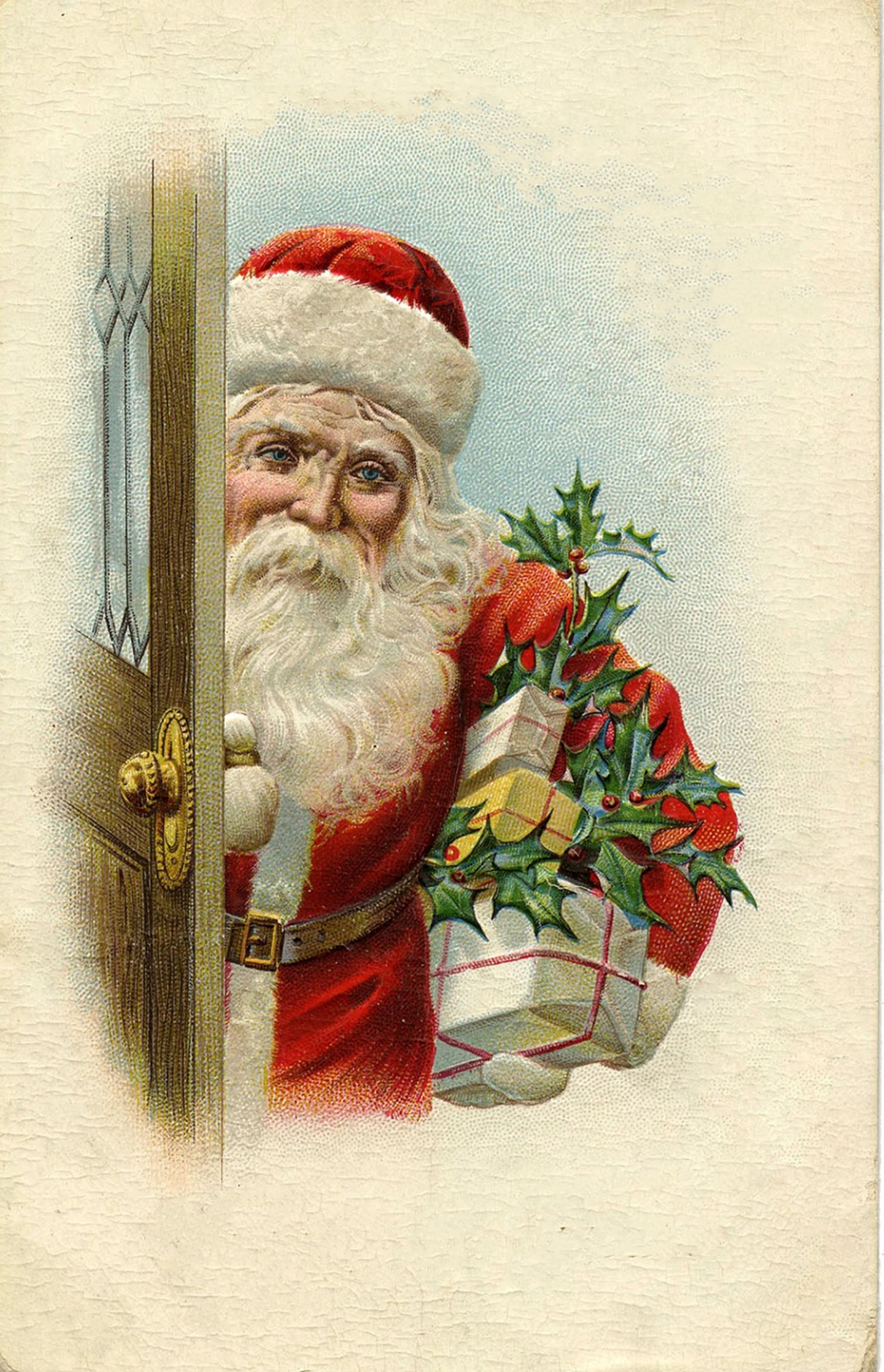 Vintage Christmas Santa entering through the door carrying a pile of presents