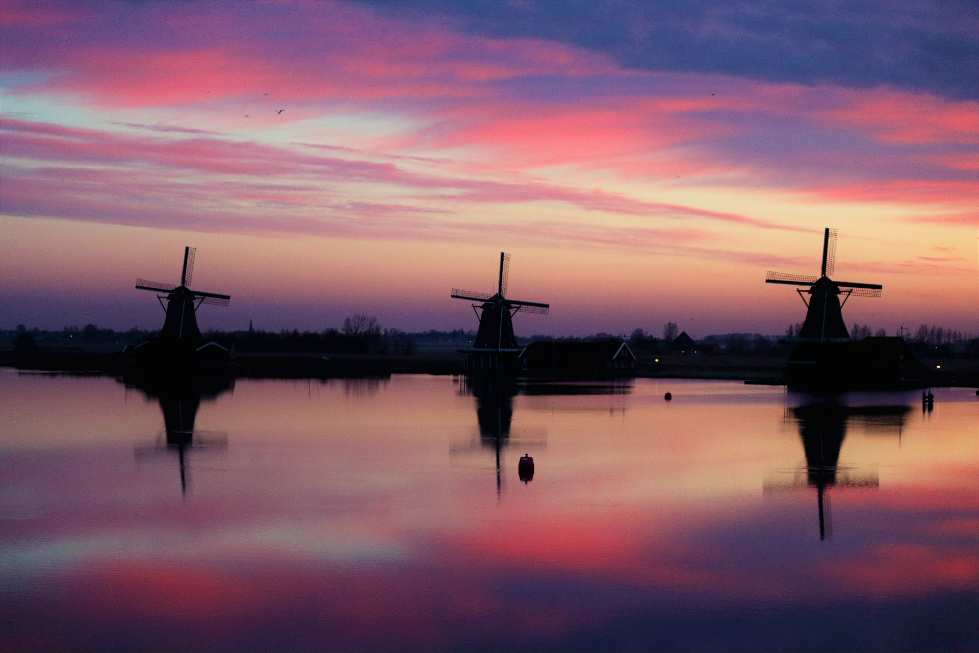 Windmills At Daybreak In Holland