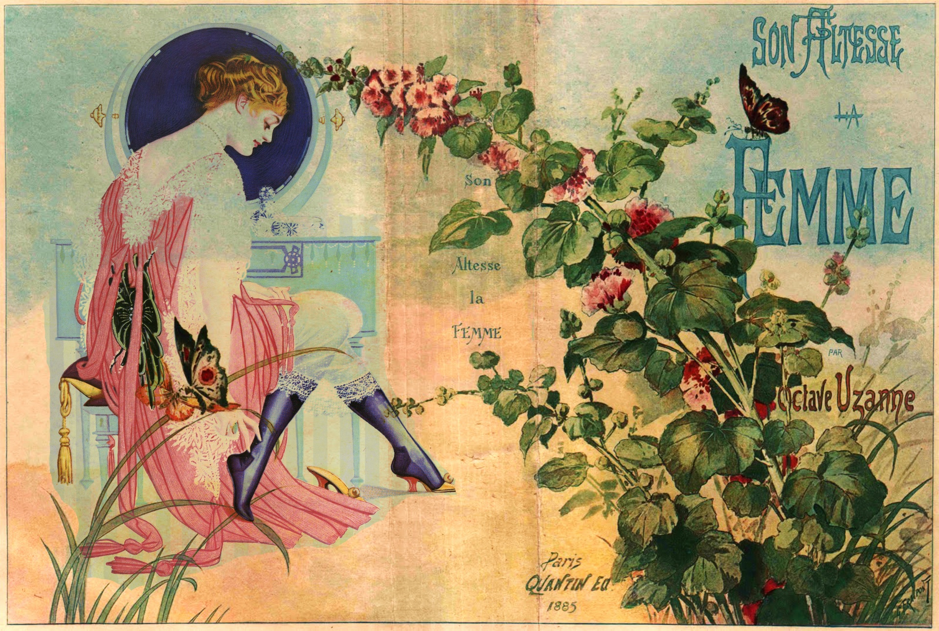 Beautiful vintage woman in lingerie at her dressing table on old french book cover decorated with flowers