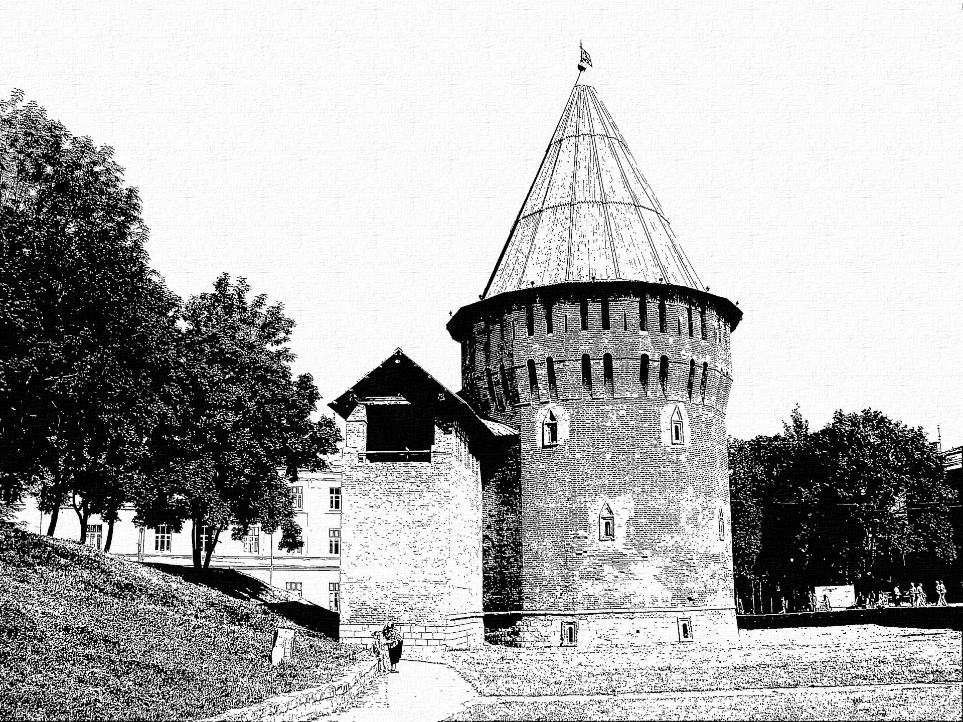 Black and white drawing of the Thunder tower in Smolensk, made in the style of engraving.