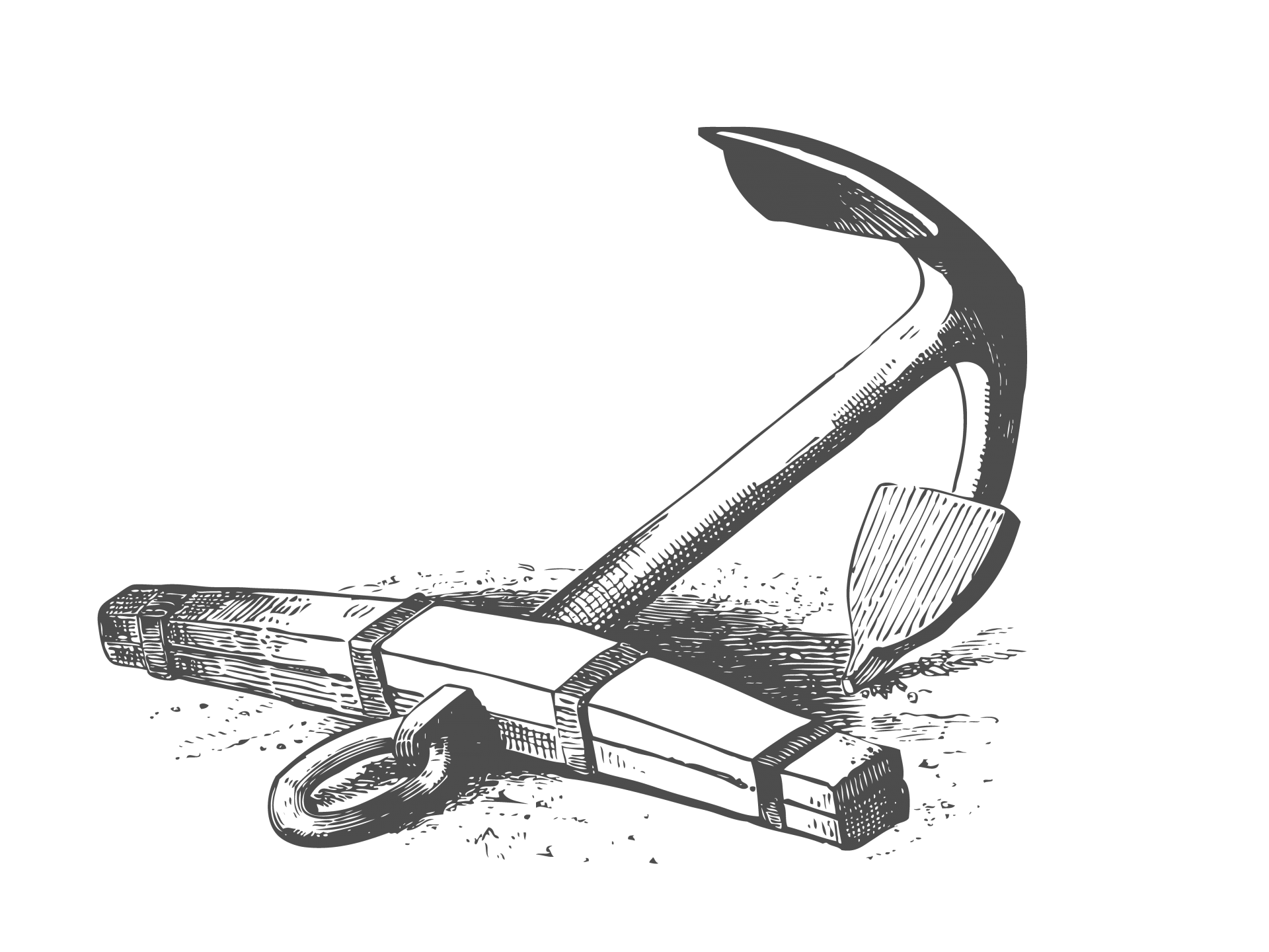 Hand drawn sketch of an anchor laying on its side on transparent background