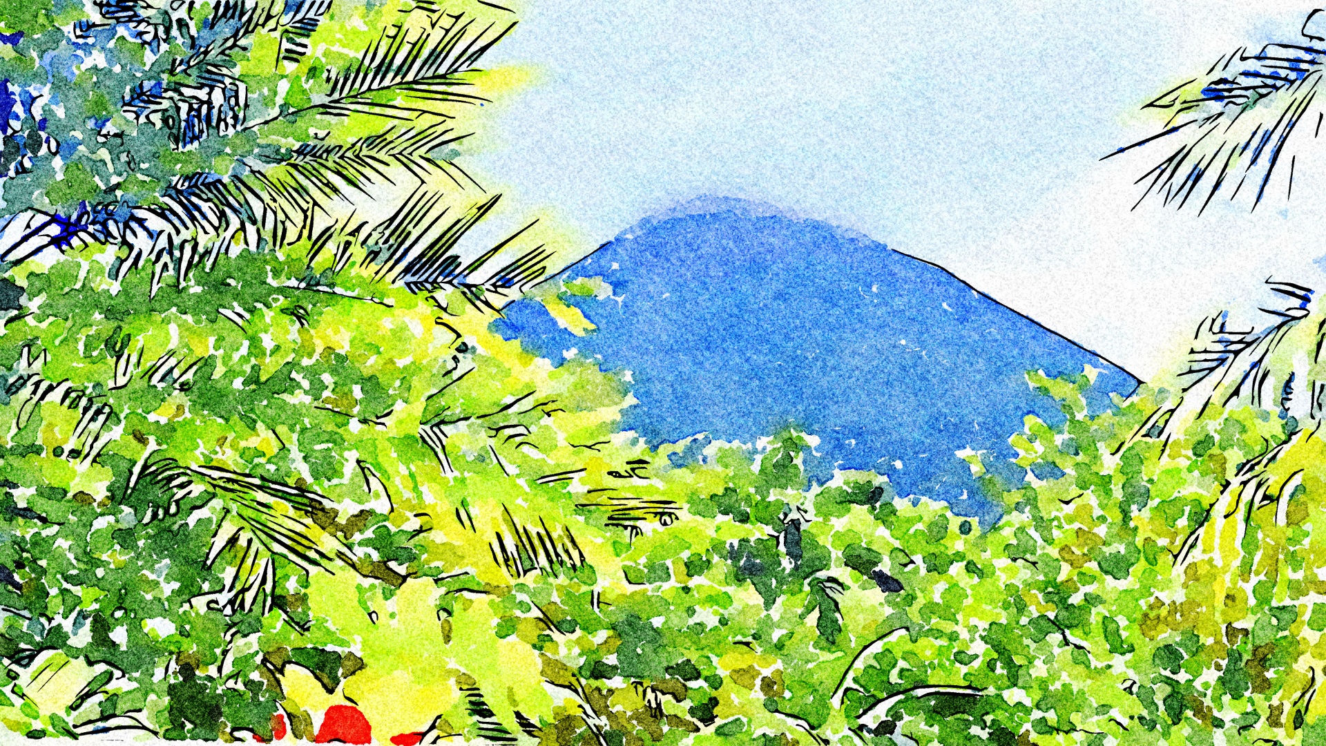 Arenal volcano, painted in watercolor. Very colorful.