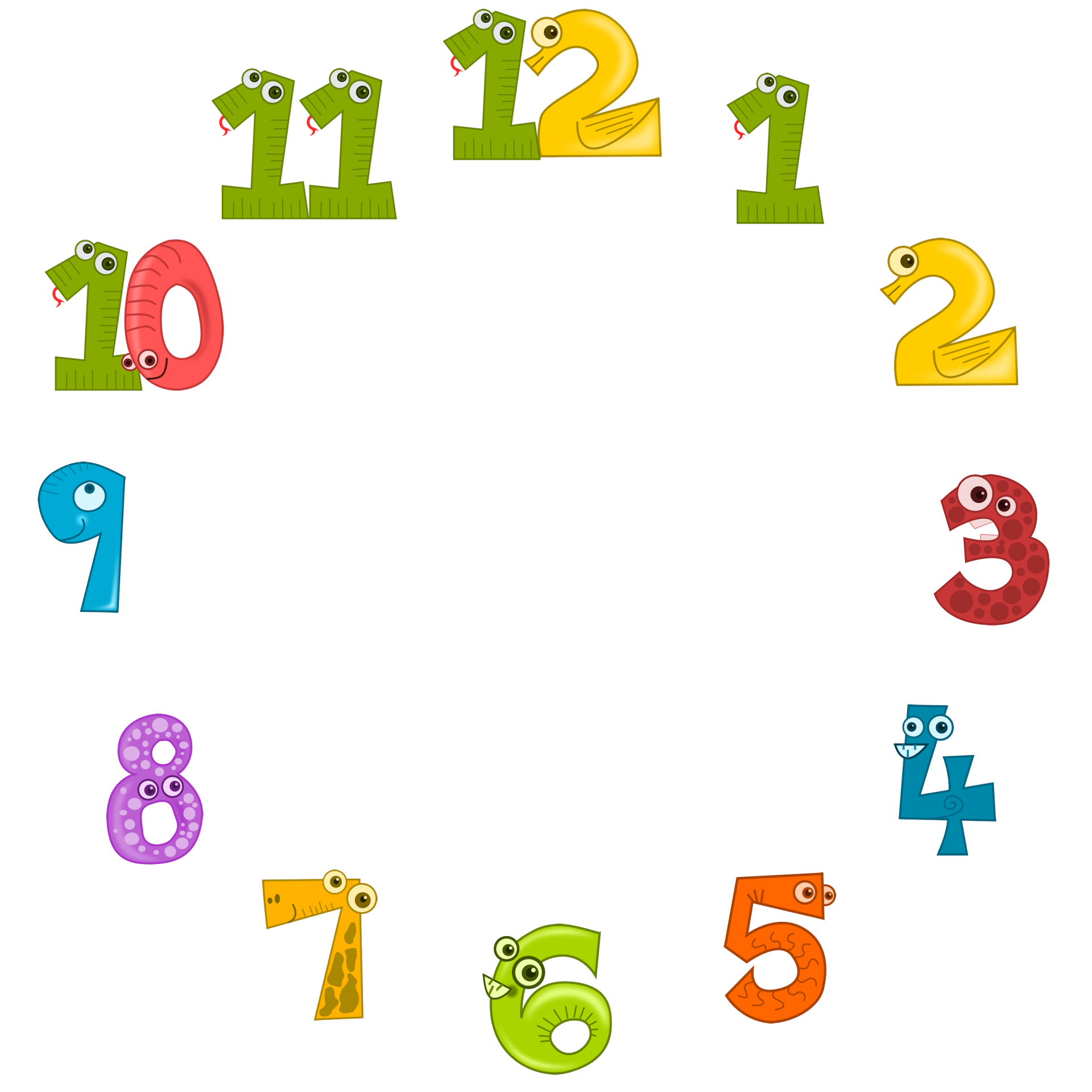 Clock face with colorful animal numbers