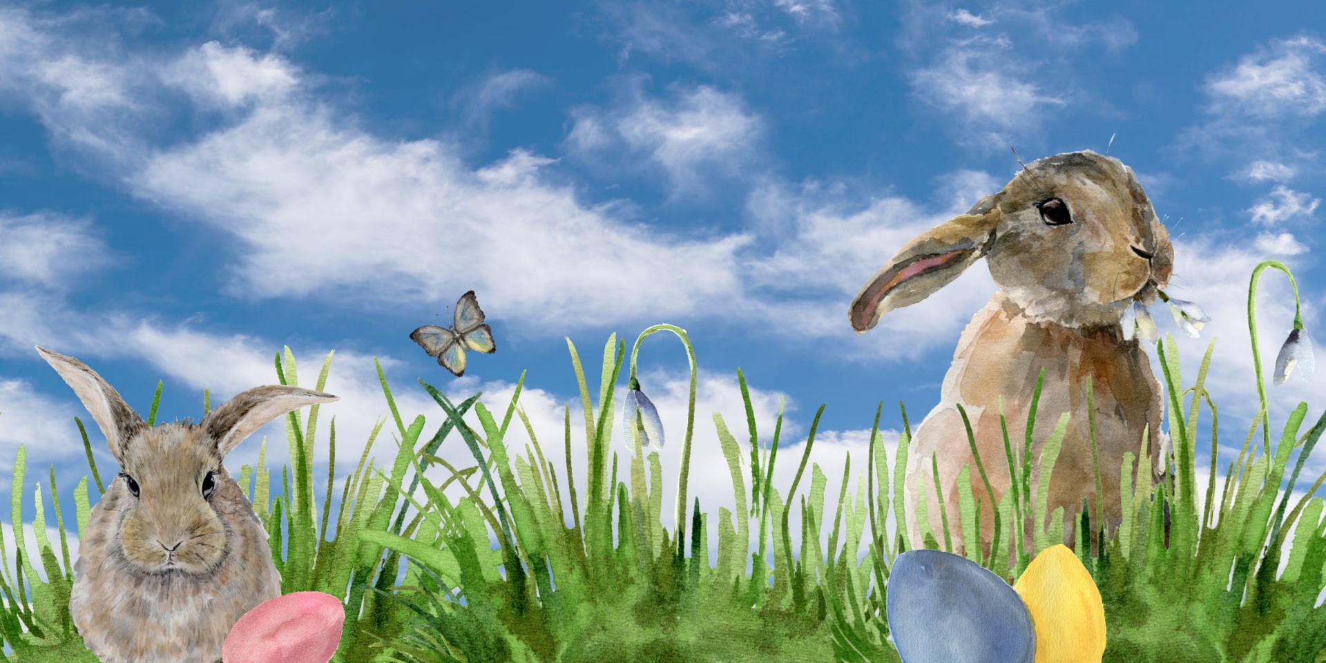 horizontal illustration of two Easter Bunnies in grass with Easter Eggs - watercolor art