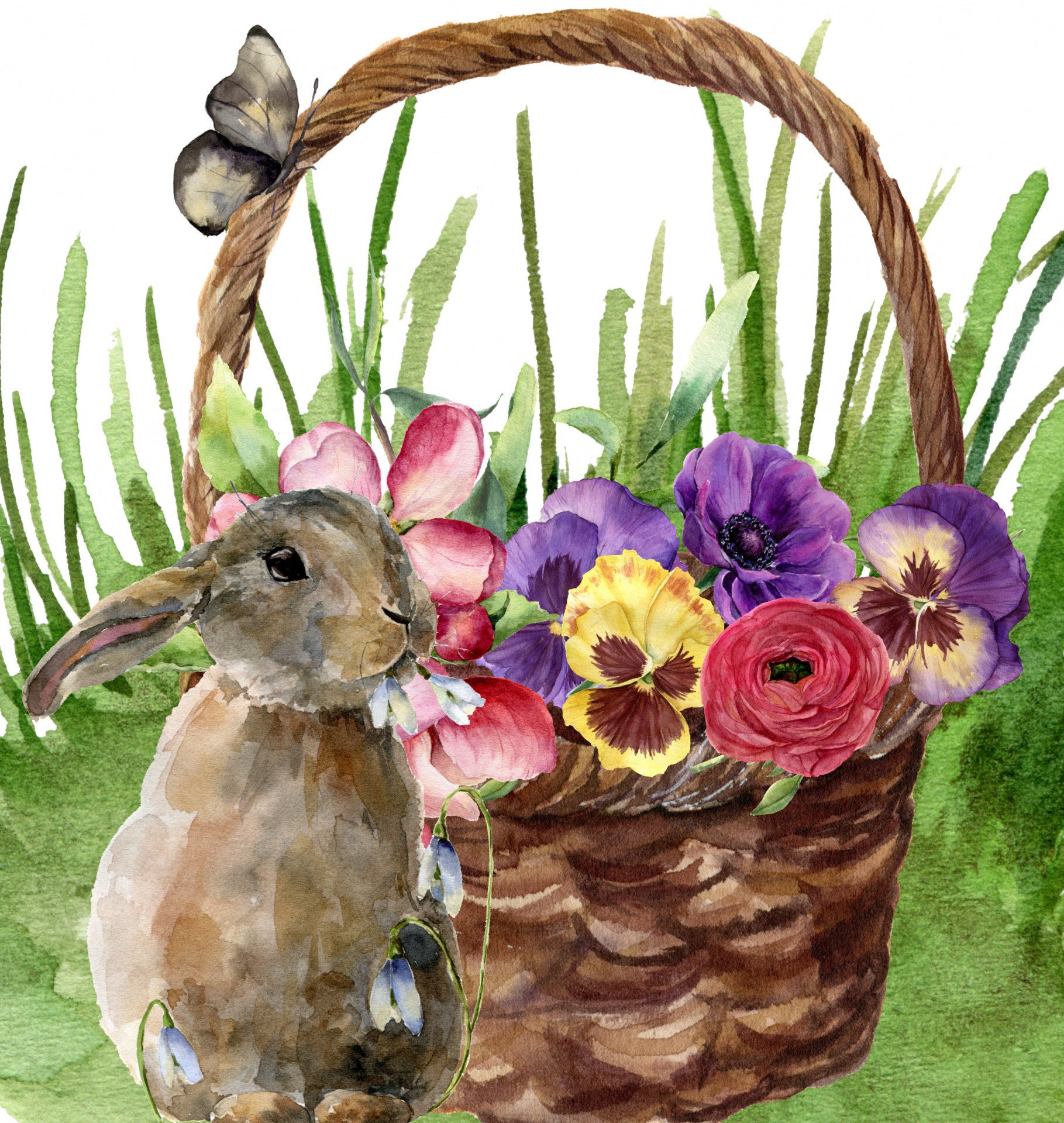 watercolor illustration of a basket full of flowers and an easter bunny standing near by