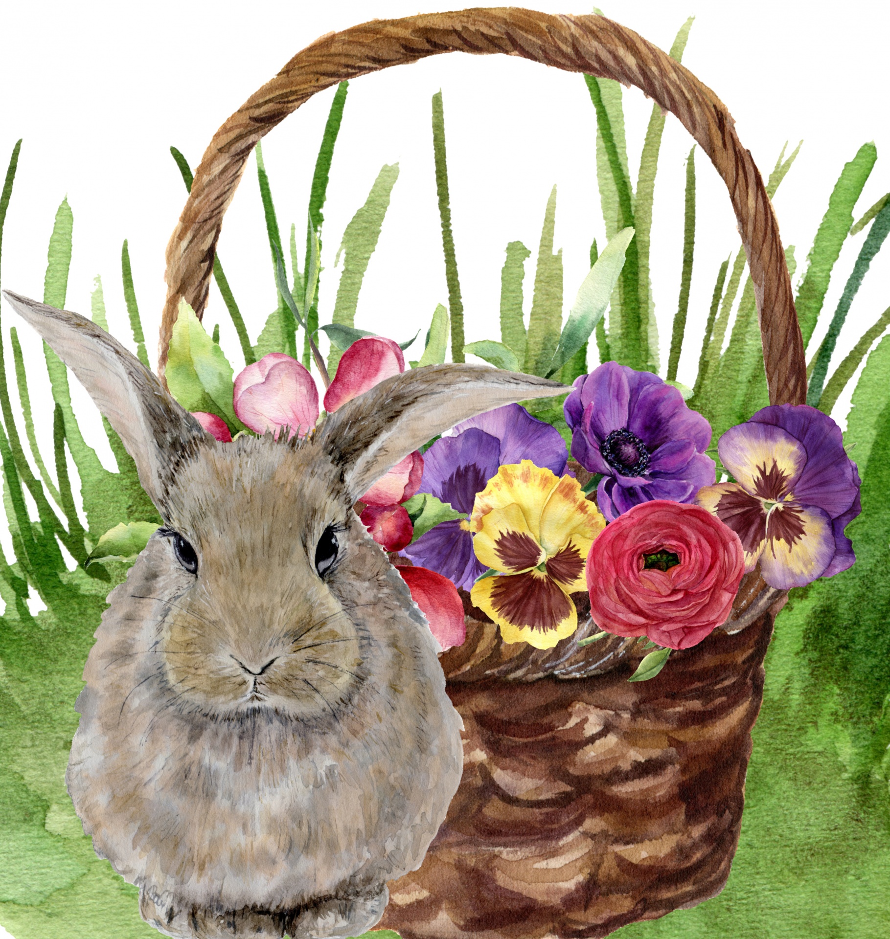 easter bunny watercolor art with basket full of flowers